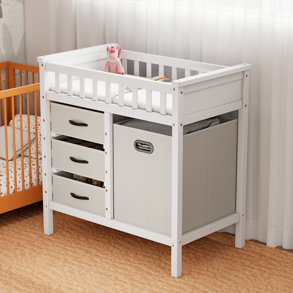 Wooden Baby Changing Table Diaper Changing Station with 3 Fabric Storage Drawers