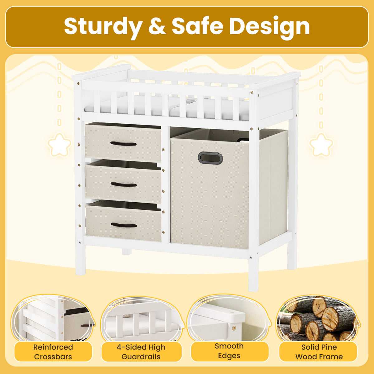 Wooden Baby Changing Table Diaper Changing Station with 3 Fabric Storage Drawers