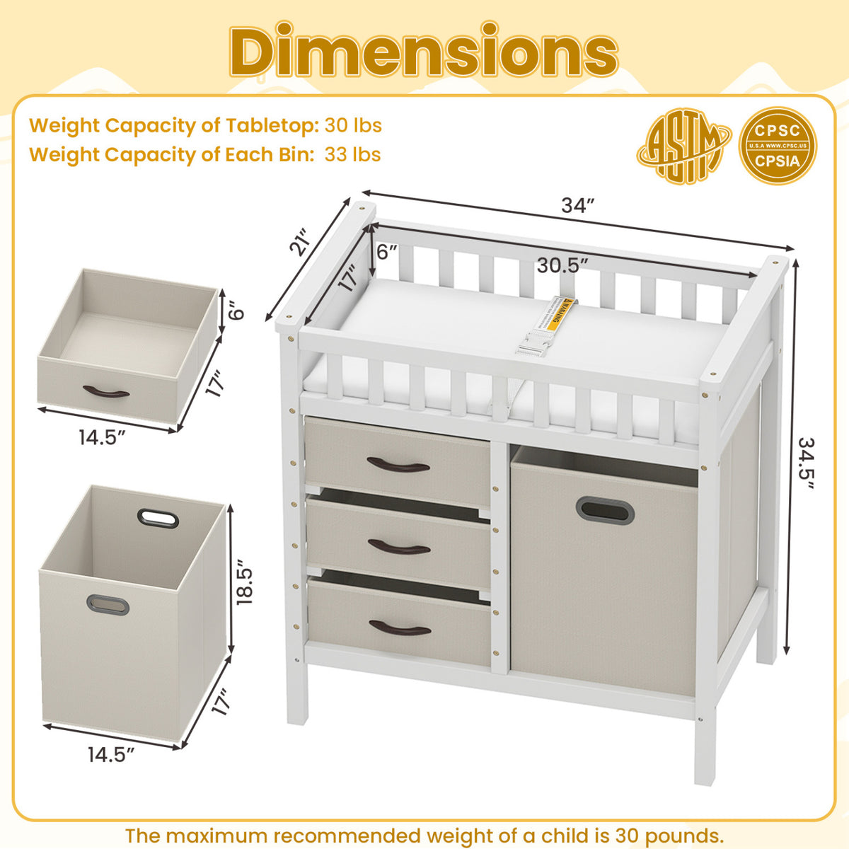 Wooden Baby Changing Table Diaper Changing Station with 3 Fabric Storage Drawers
