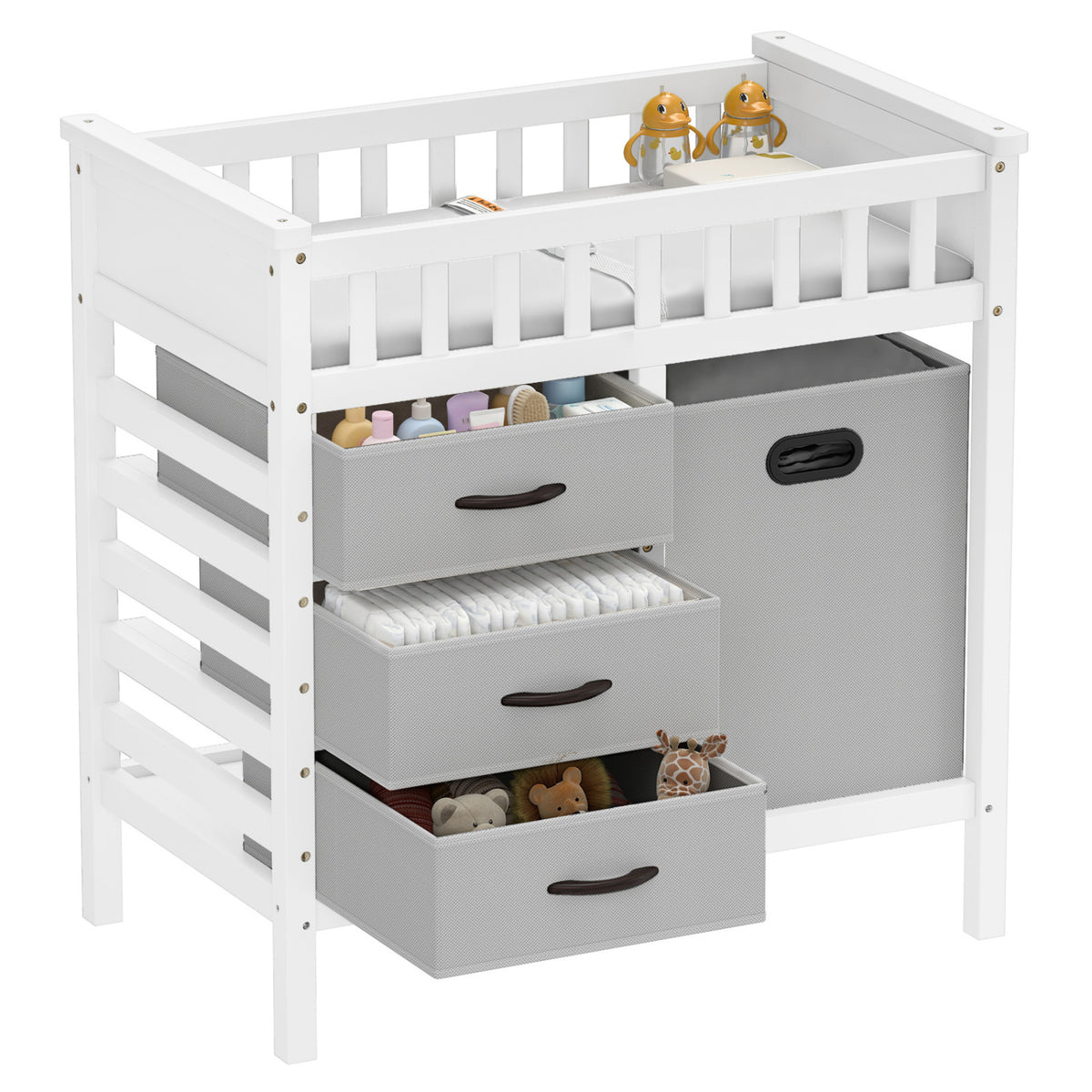 Wooden Baby Changing Table Diaper Changing Station with 3 Fabric Storage Drawers