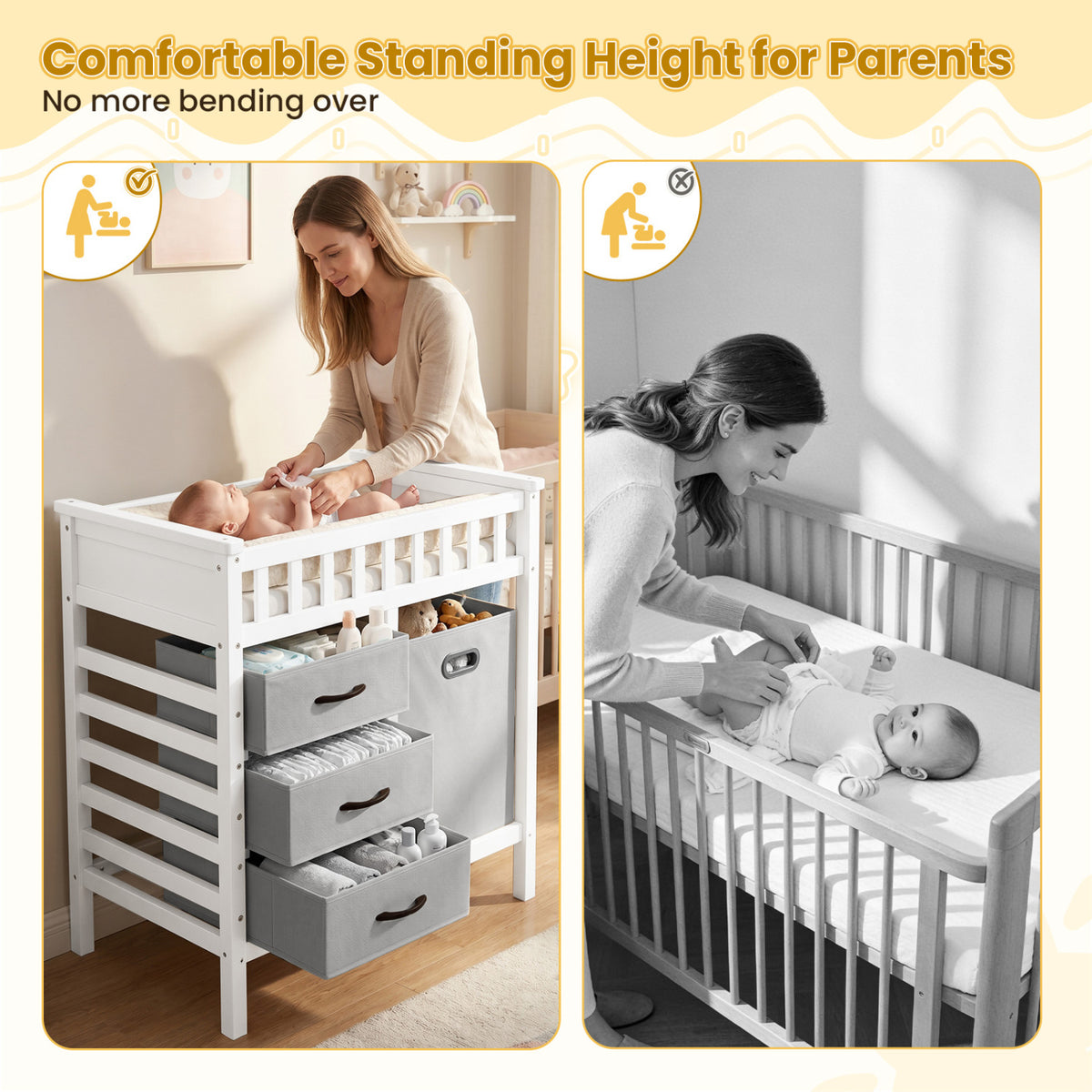 Wooden Baby Changing Table Diaper Changing Station with 3 Fabric Storage Drawers