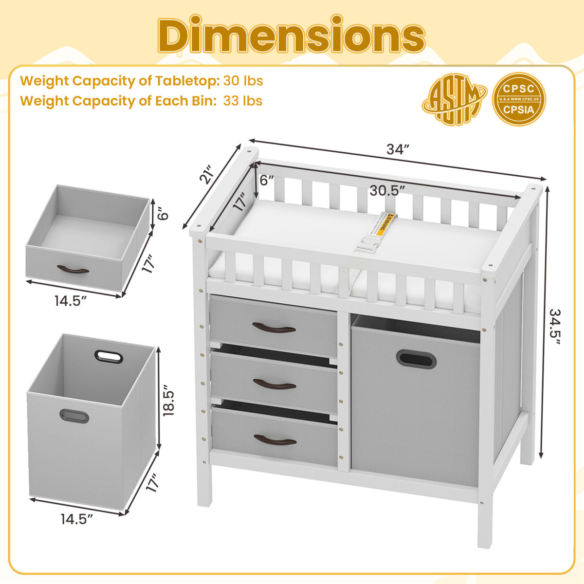 Wooden Baby Changing Table Diaper Changing Station with 3 Fabric Storage Drawers