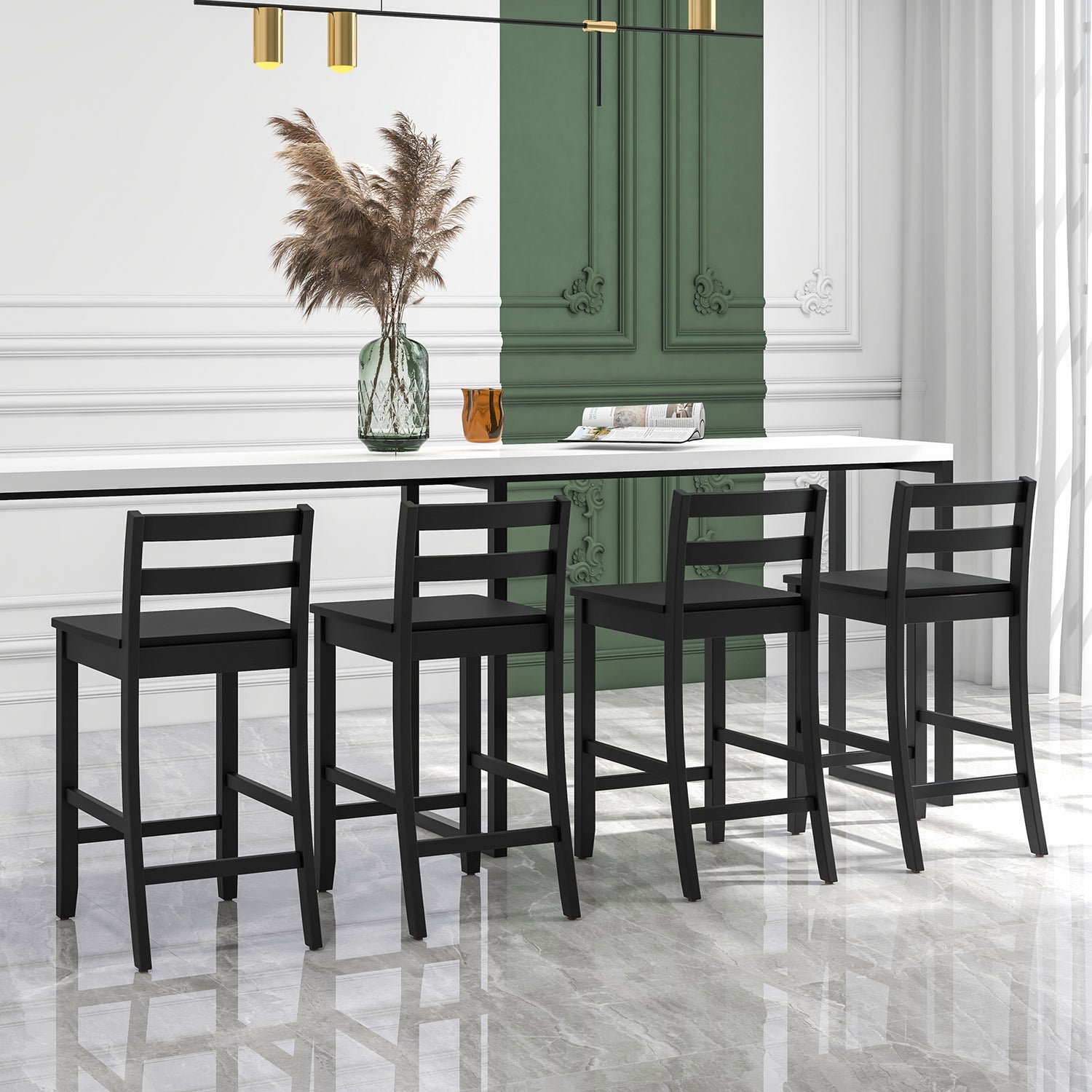 Wooden Bar Stools Set of 2 with Ergonomic Backrest and Footrest