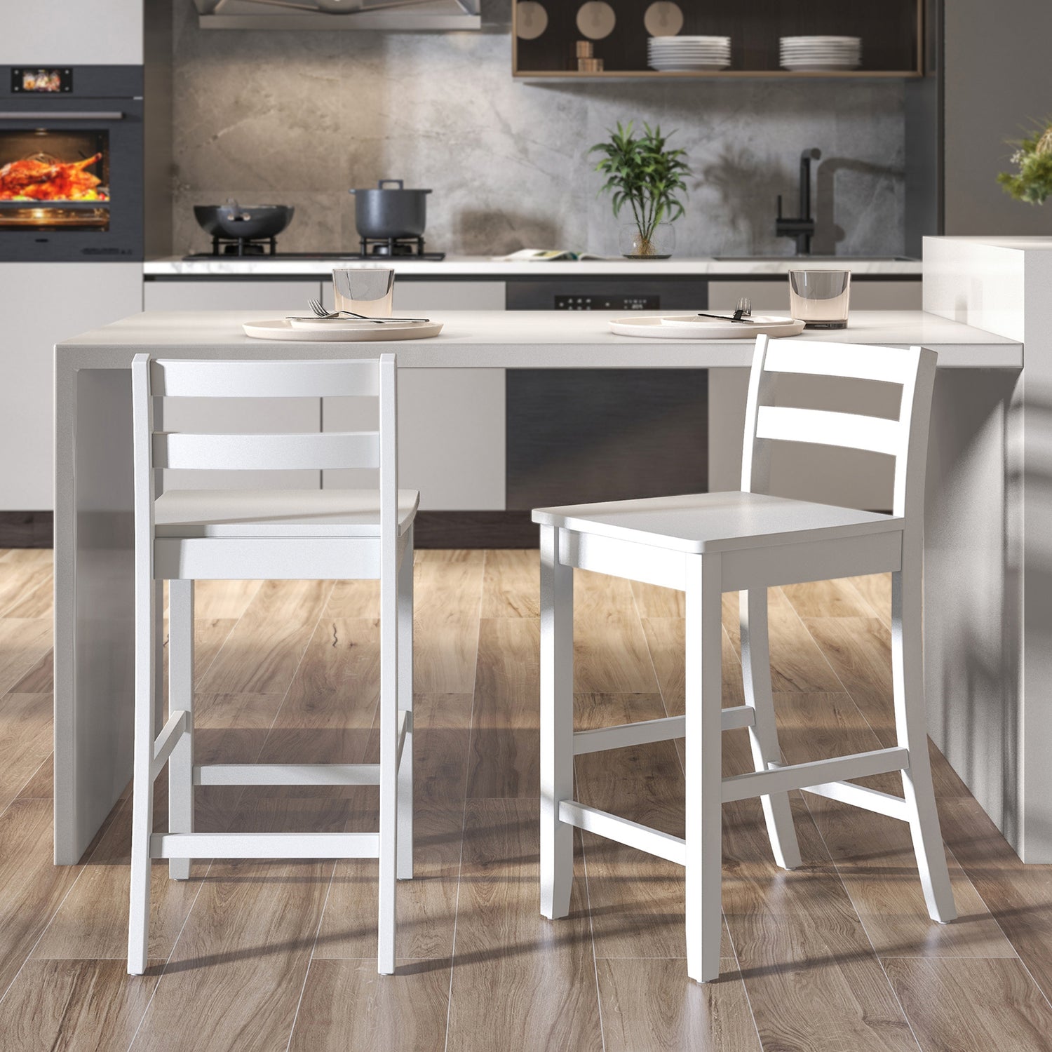 Wooden Bar Stools Set of 2 with Ergonomic Backrest and Footrest