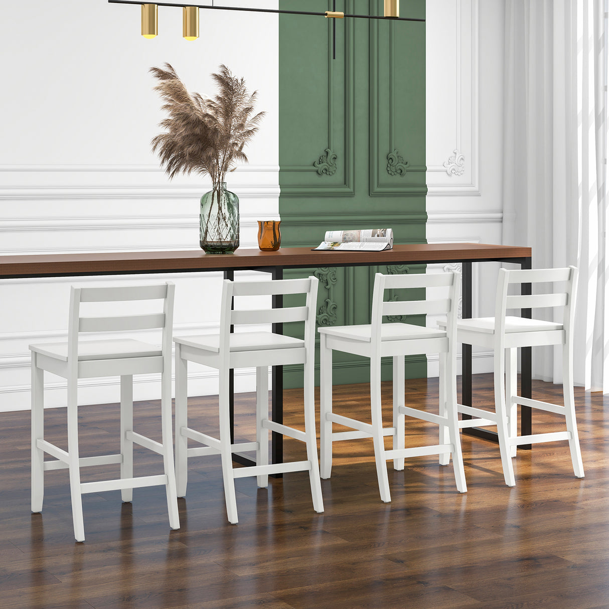 Wooden Bar Stools Set of 2 with Ergonomic Backrest and Footrest