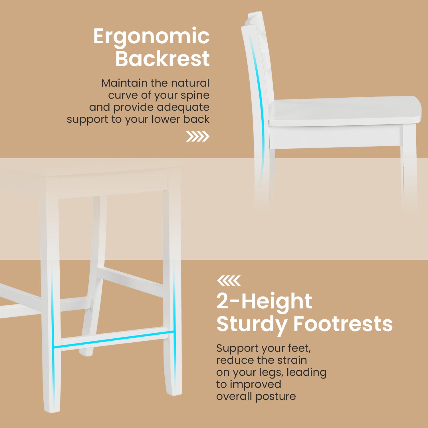 Wooden Bar Stools Set of 2 with Ergonomic Backrest and Footrest