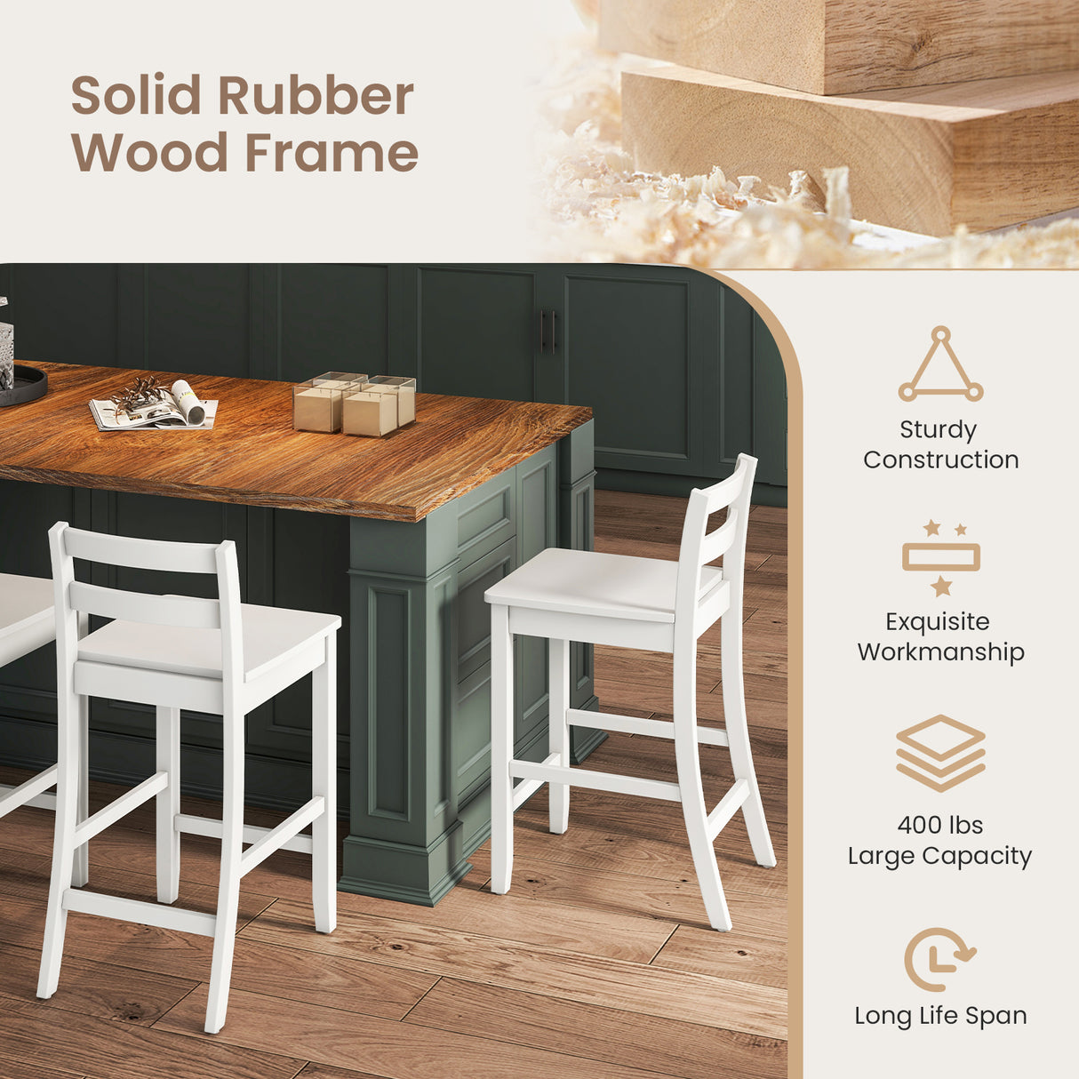 Wooden Bar Stools Set of 2 with Ergonomic Backrest and Footrest