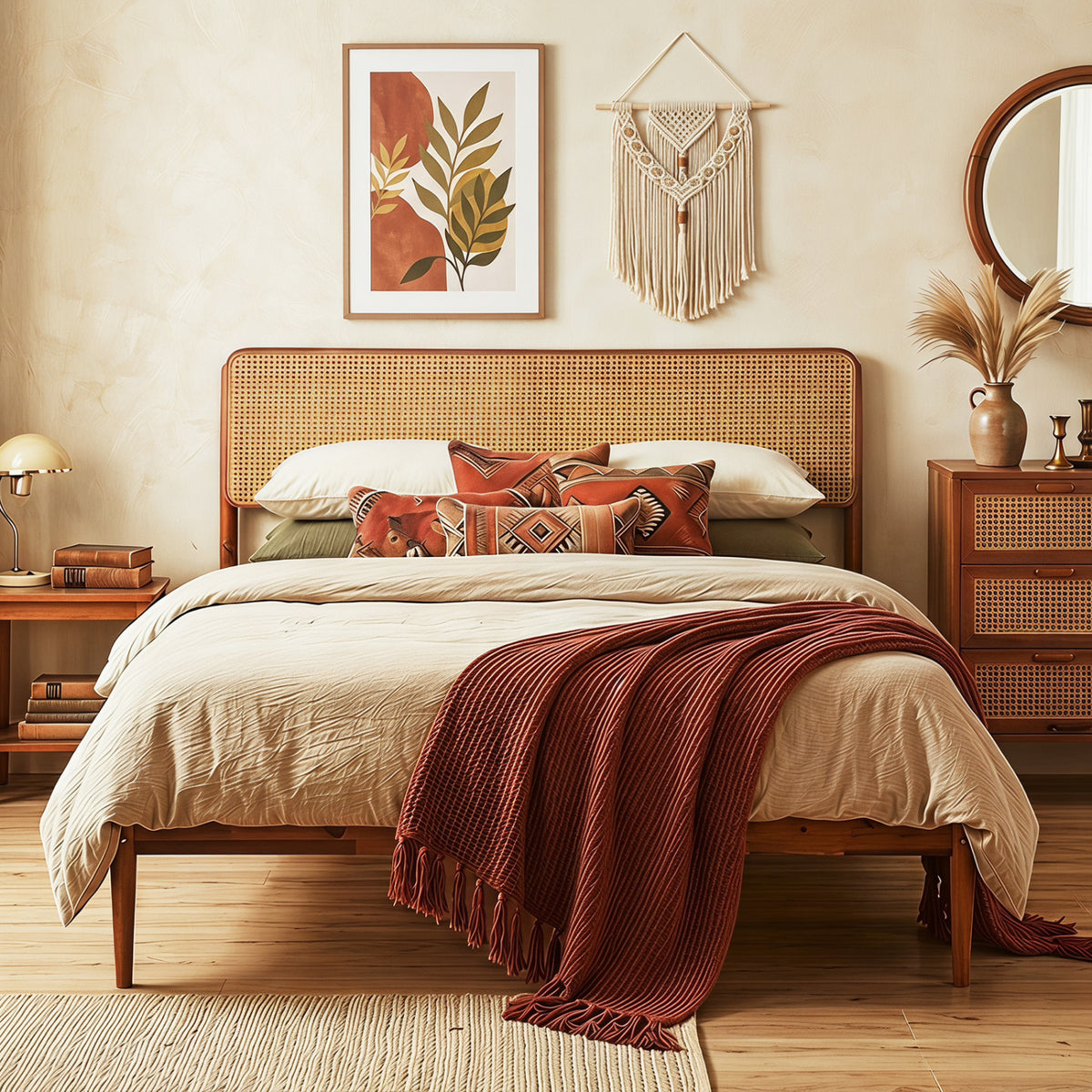 Wooden Boho Rattan Brown Bed Frame with Wooden Slat Support