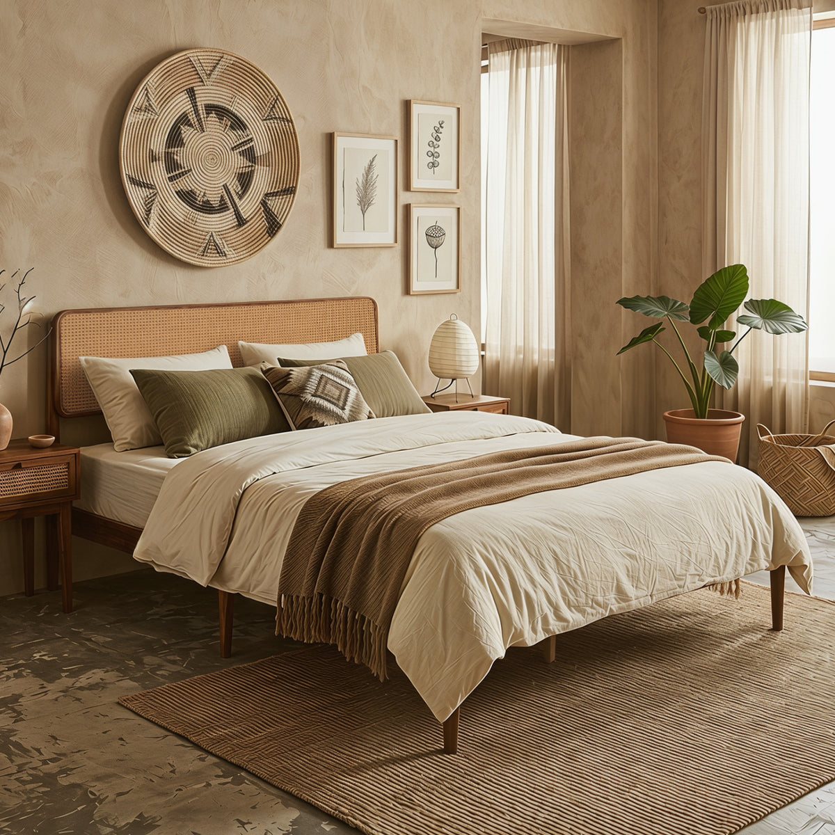 Wooden Boho Rattan Brown Bed Frame with Wooden Slat Support