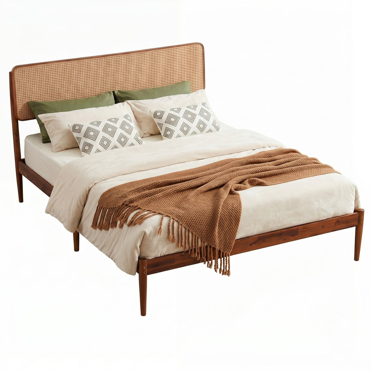 Wooden Boho Rattan Brown Bed Frame with Wooden Slat Support