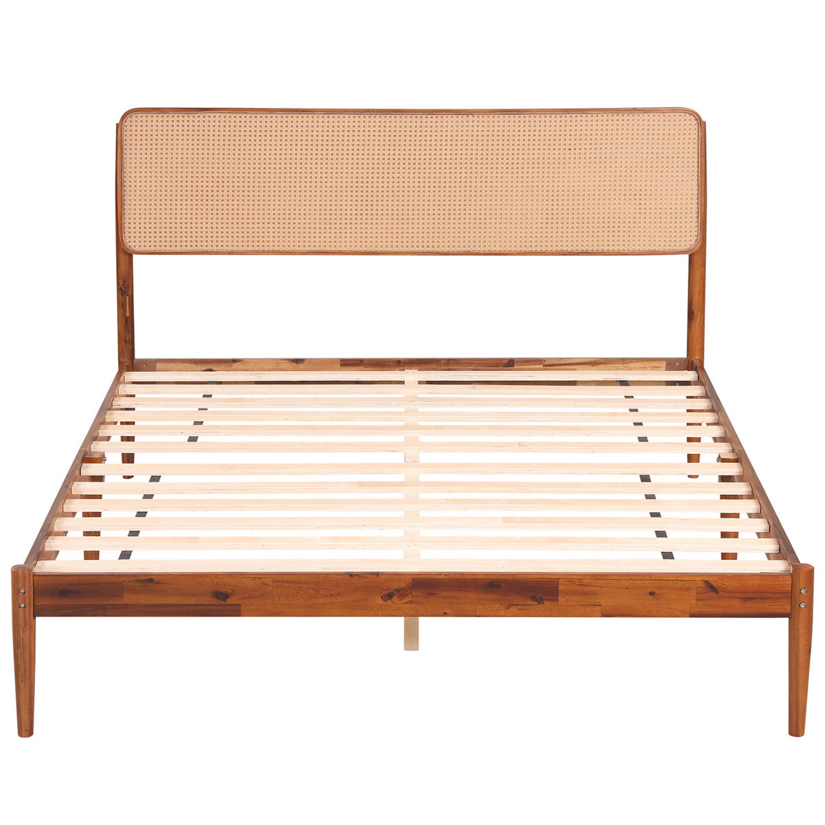 Wooden Boho Rattan Brown Bed Frame with Wooden Slat Support