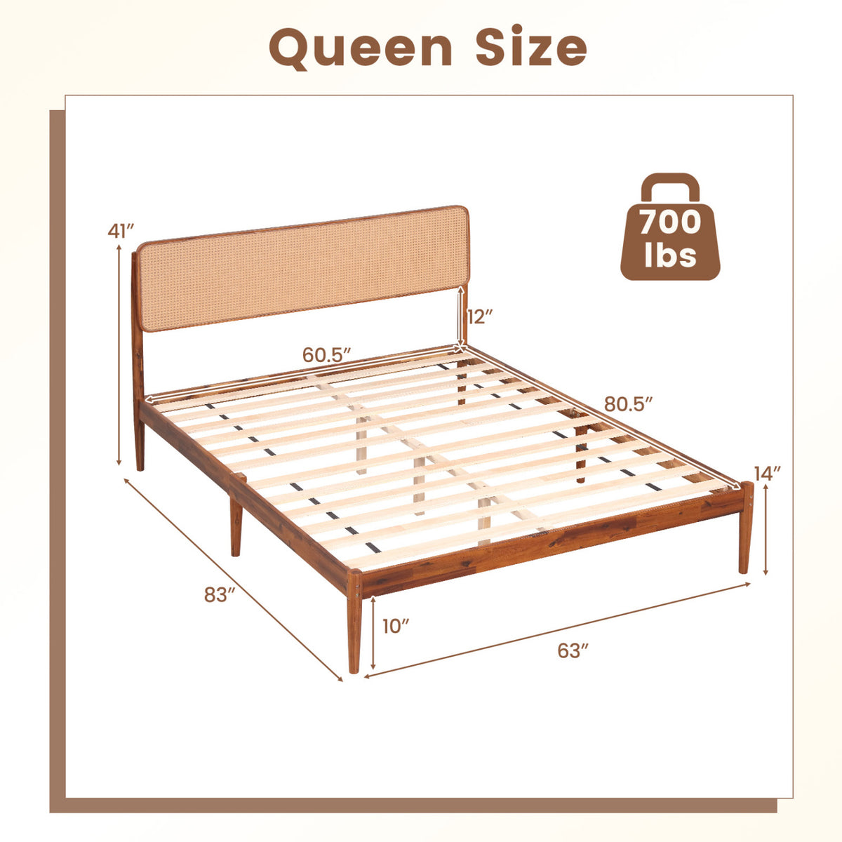 Wooden Boho Rattan Brown Bed Frame with Wooden Slat Support