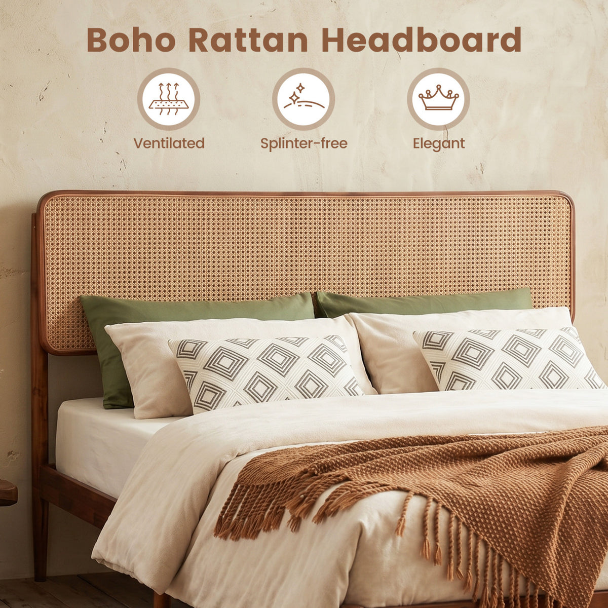 Wooden Boho Rattan Brown Bed Frame with Wooden Slat Support