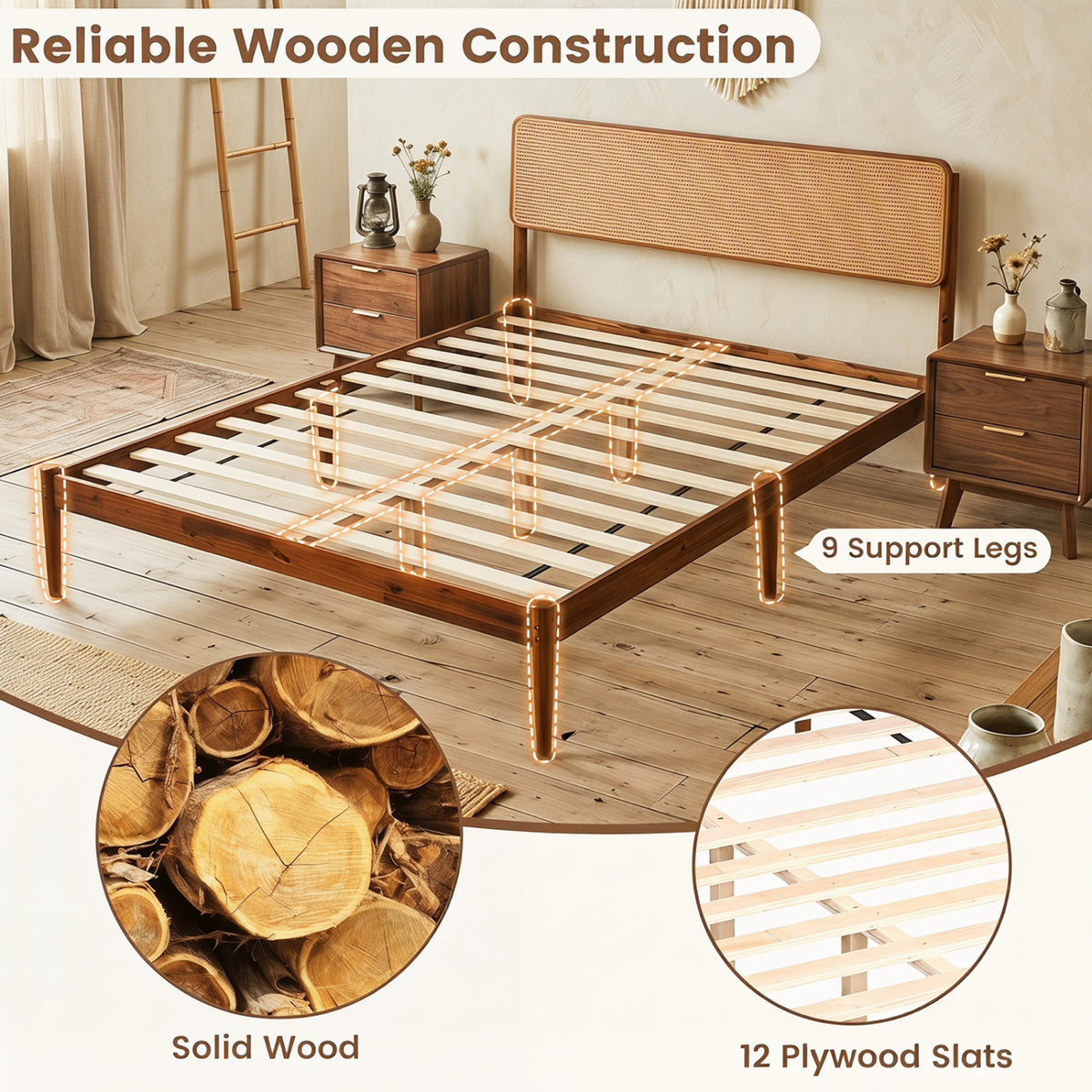 Wooden Boho Rattan Brown Bed Frame with Wooden Slat Support
