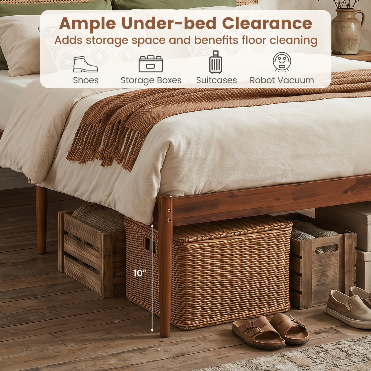Wooden Boho Rattan Brown Bed Frame with Wooden Slat Support