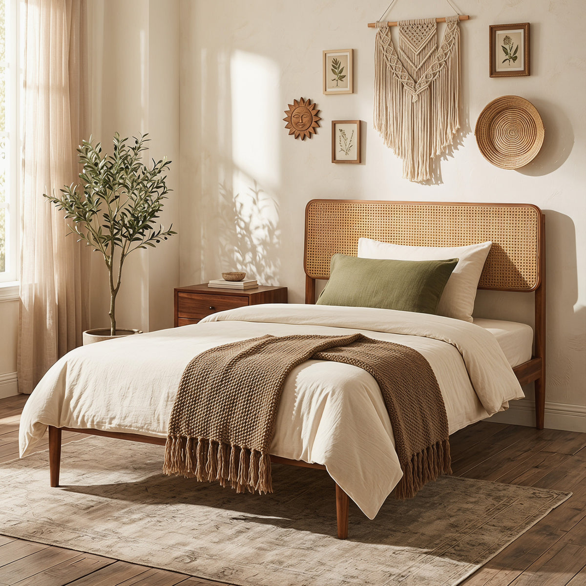 Wooden Boho Rattan Brown Bed Frame with Wooden Slat Support