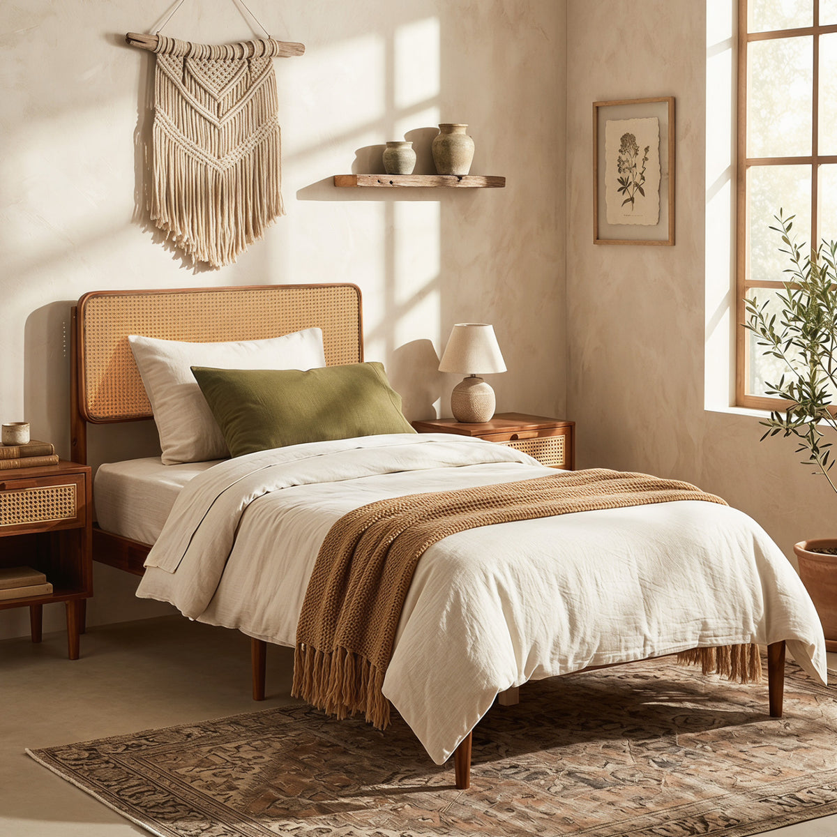 Wooden Boho Rattan Brown Bed Frame with Wooden Slat Support