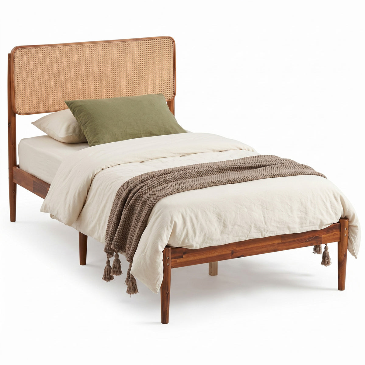 Wooden Boho Rattan Brown Bed Frame with Wooden Slat Support