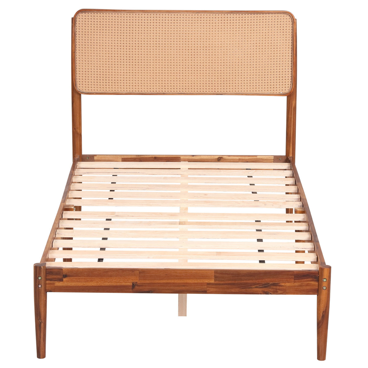 Wooden Boho Rattan Brown Bed Frame with Wooden Slat Support