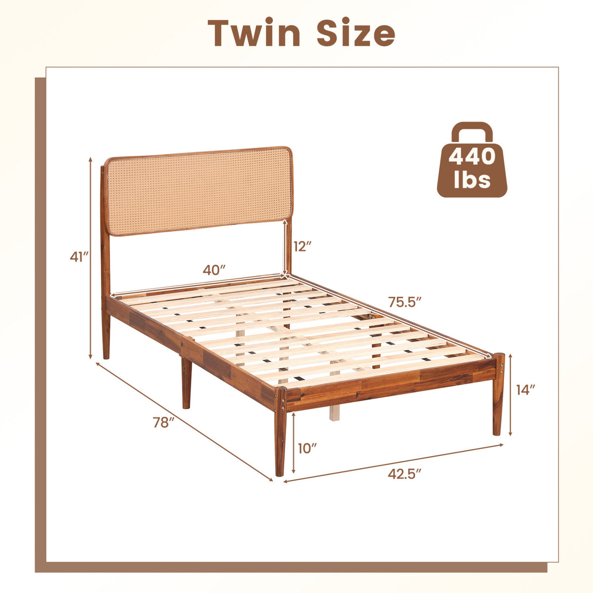 Wooden Boho Rattan Brown Bed Frame with Wooden Slat Support