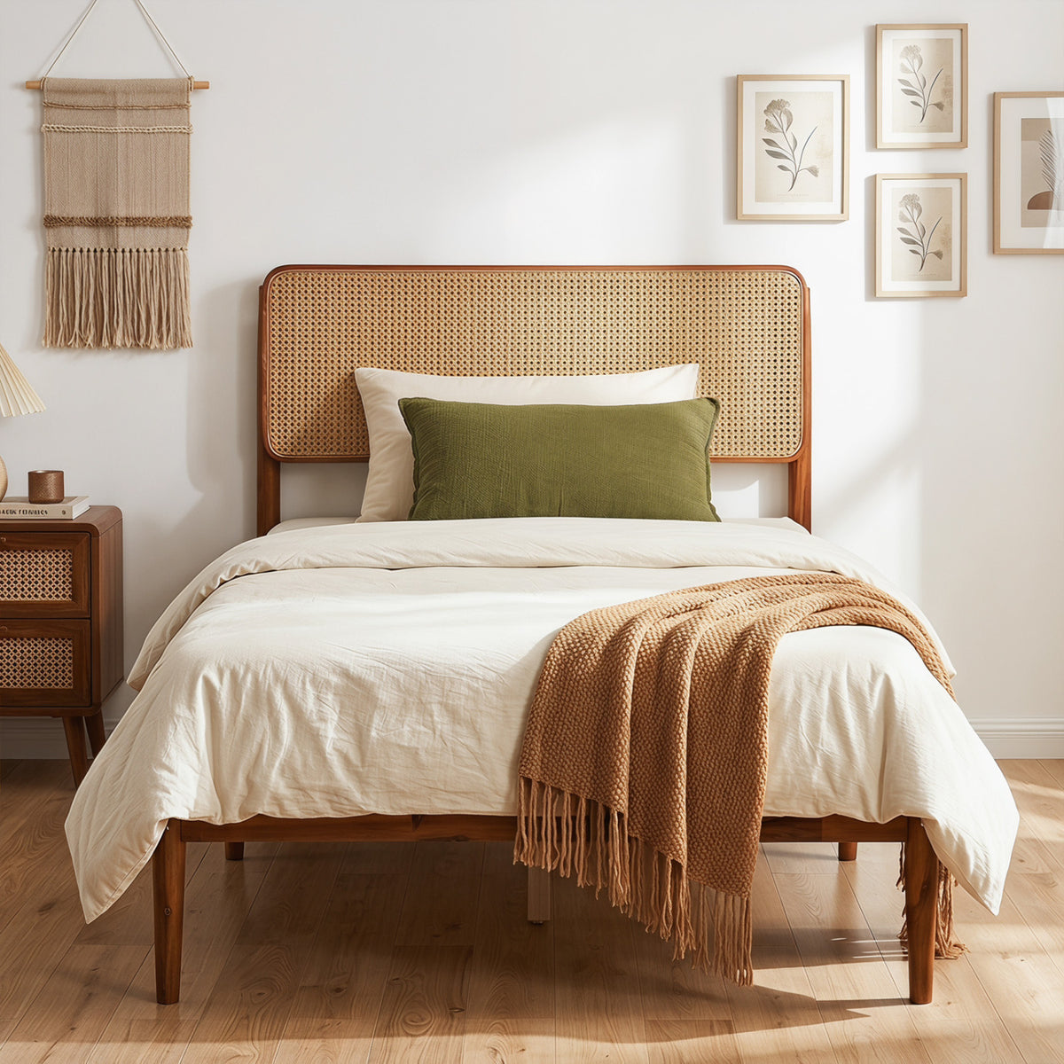 Wooden Boho Rattan Brown Bed Frame with Wooden Slat Support