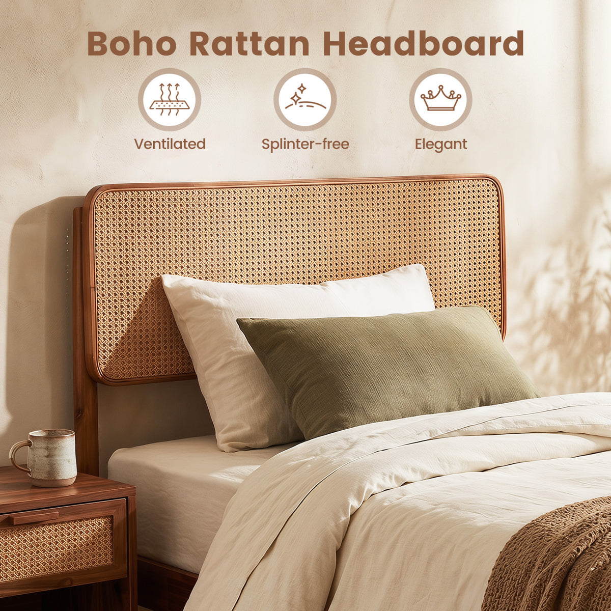 Wooden Boho Rattan Brown Bed Frame with Wooden Slat Support