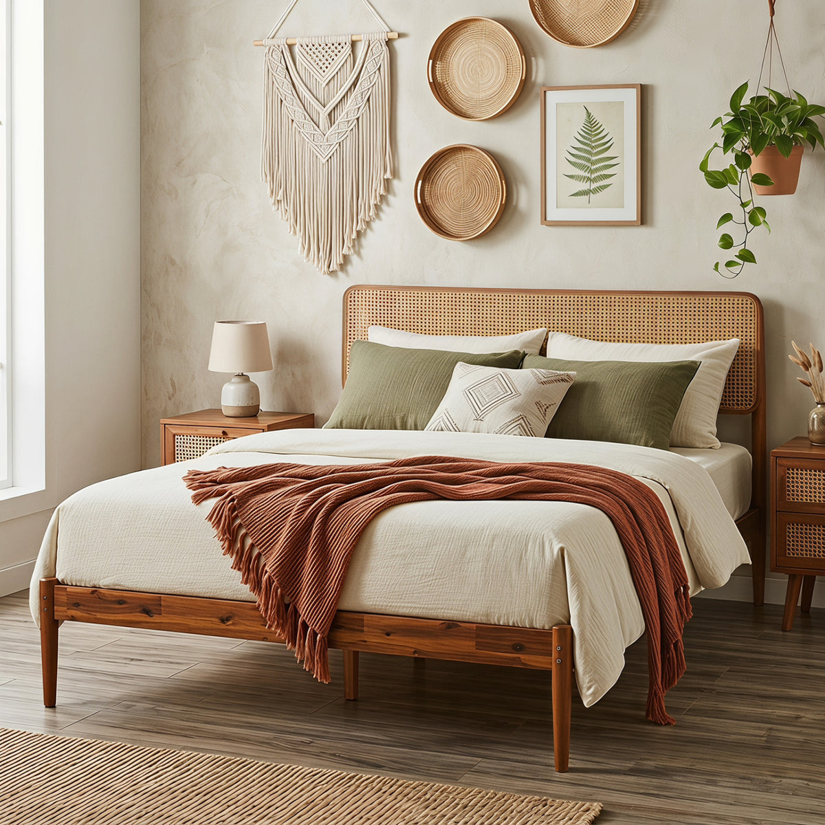 Wooden Boho Rattan Brown Bed Frame with Wooden Slat Support