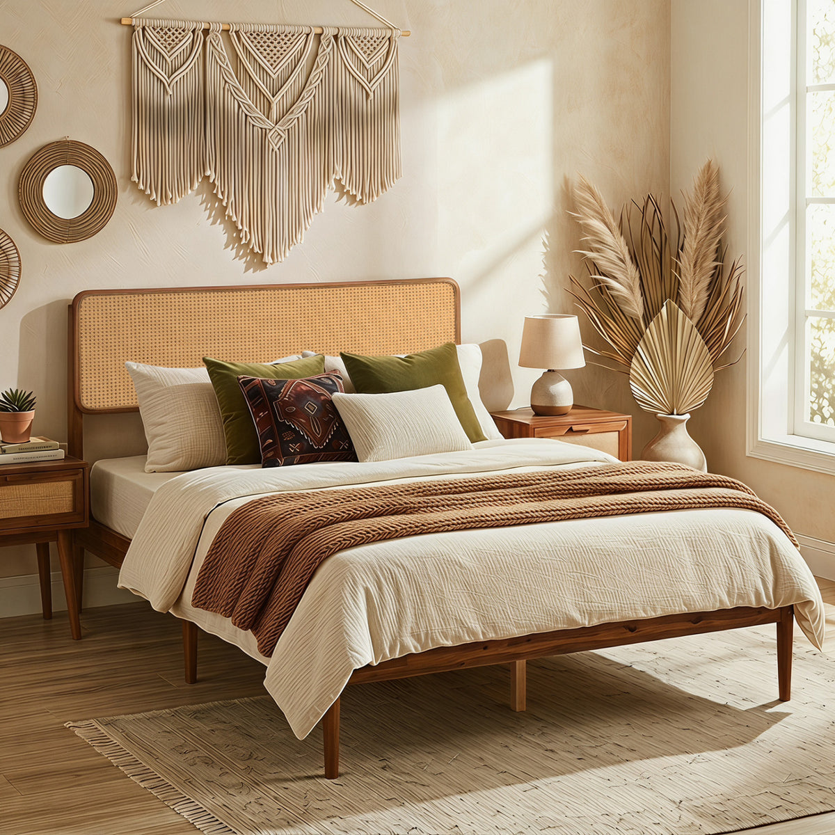 Wooden Boho Rattan Brown Bed Frame with Wooden Slat Support