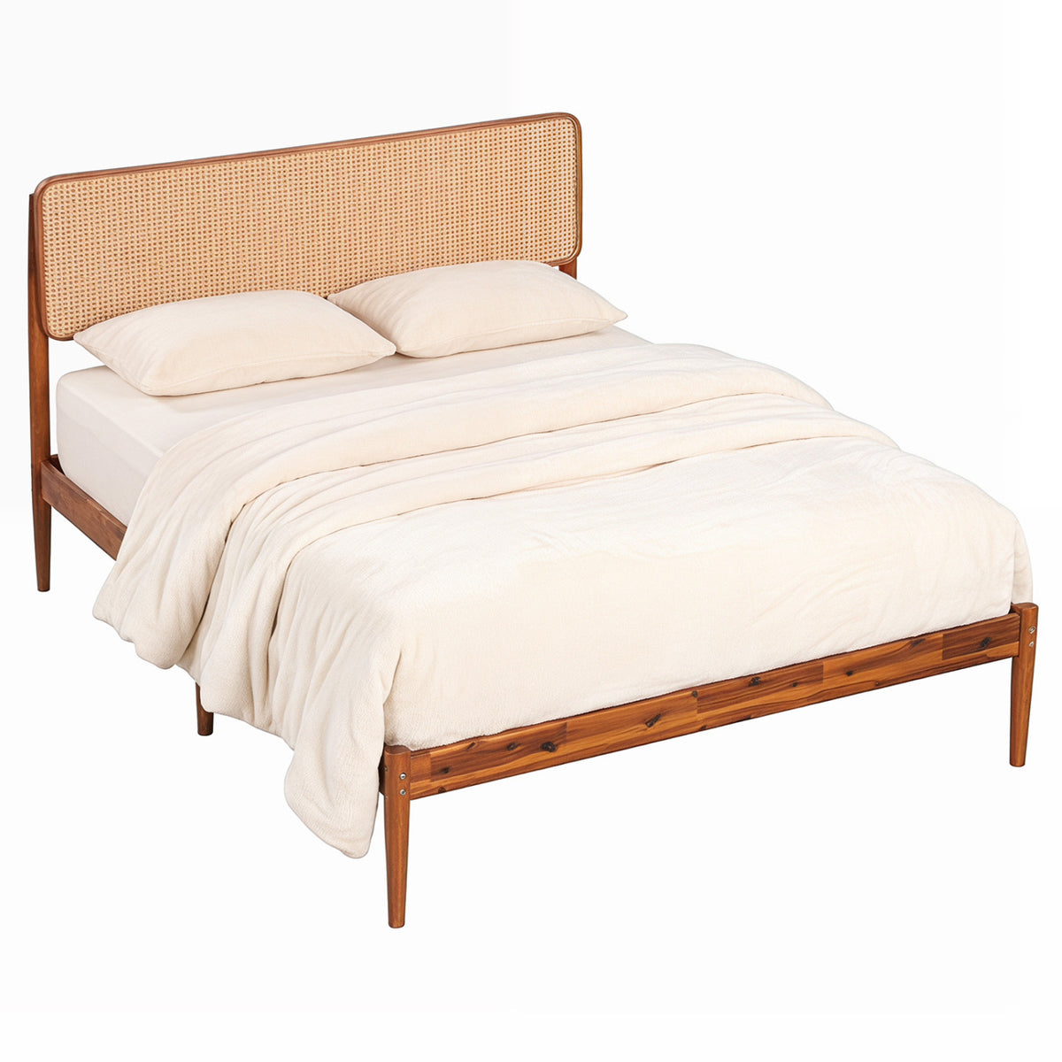 Wooden Boho Rattan Brown Bed Frame with Wooden Slat Support