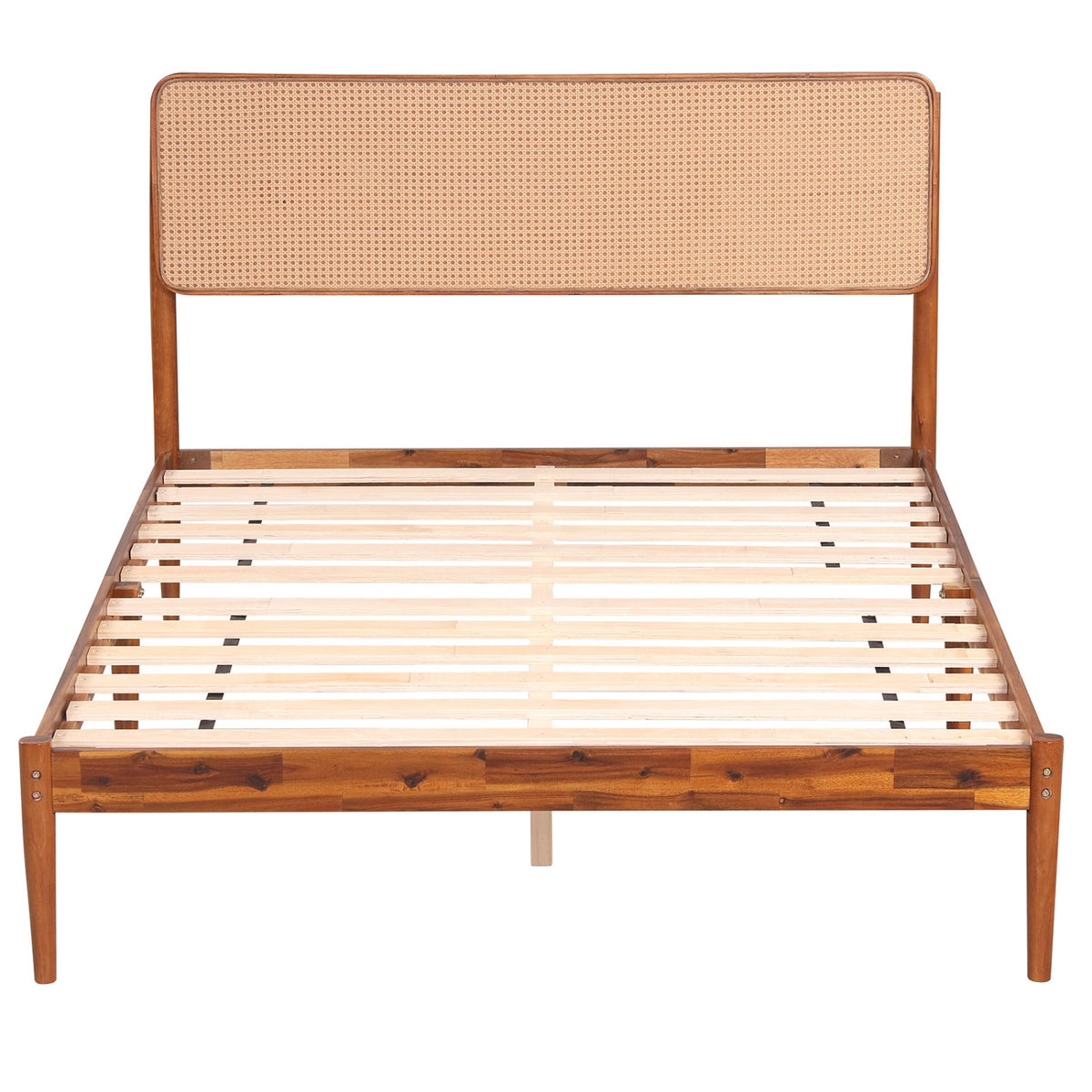 Wooden Boho Rattan Brown Bed Frame with Wooden Slat Support