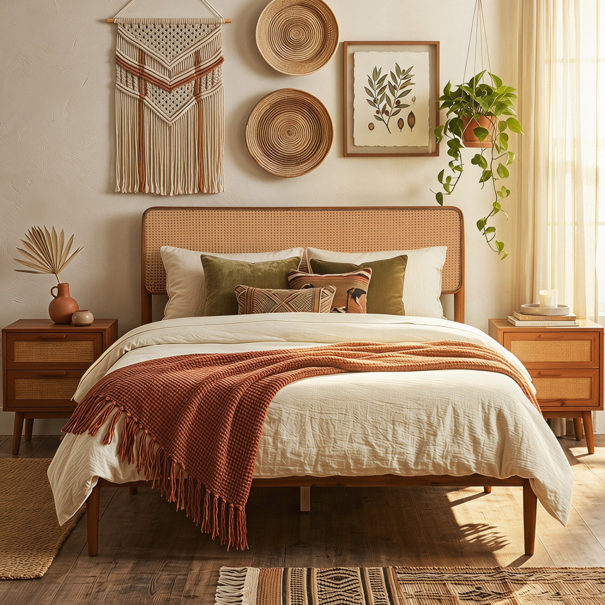 Wooden Boho Rattan Brown Bed Frame with Wooden Slat Support