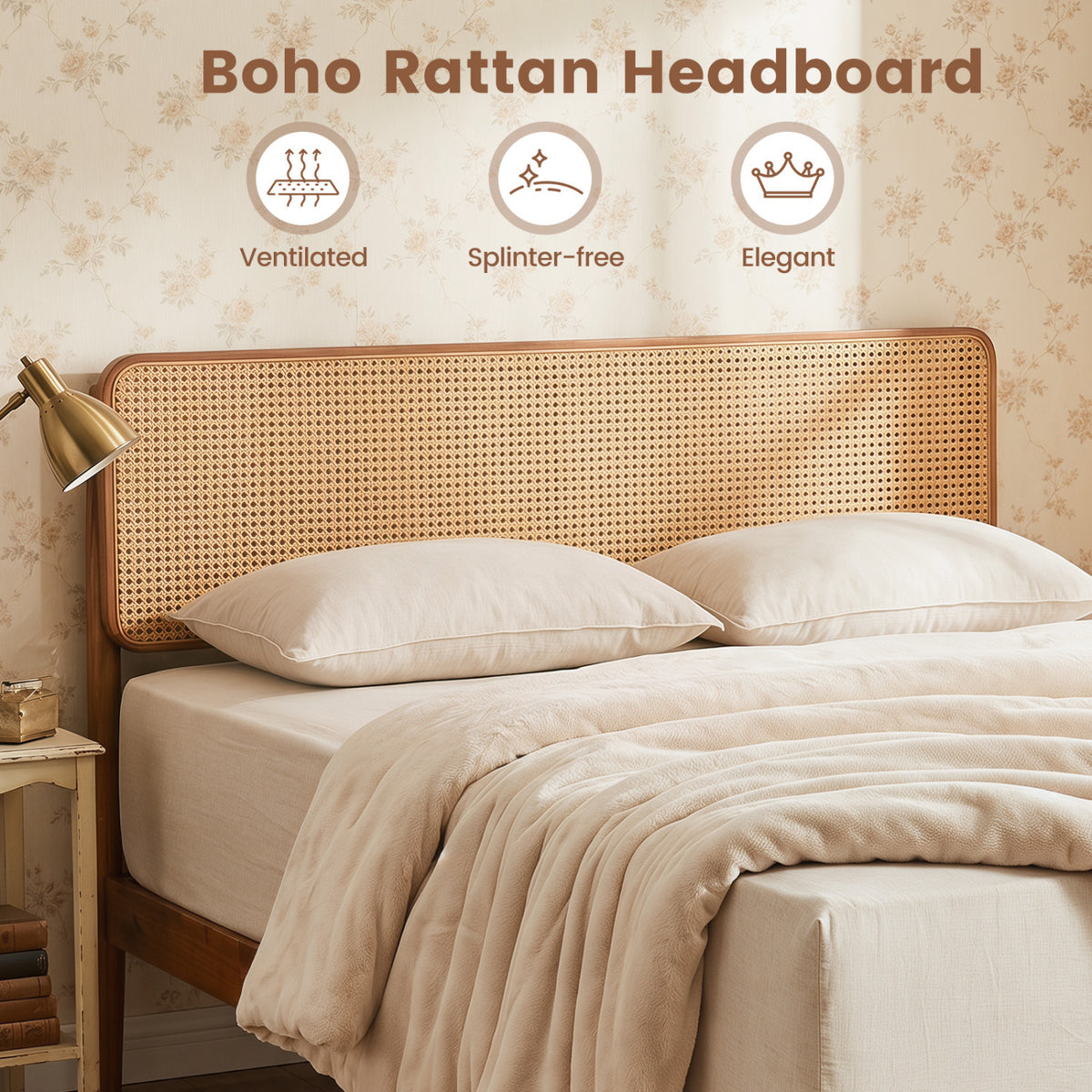 Wooden Boho Rattan Brown Bed Frame with Wooden Slat Support