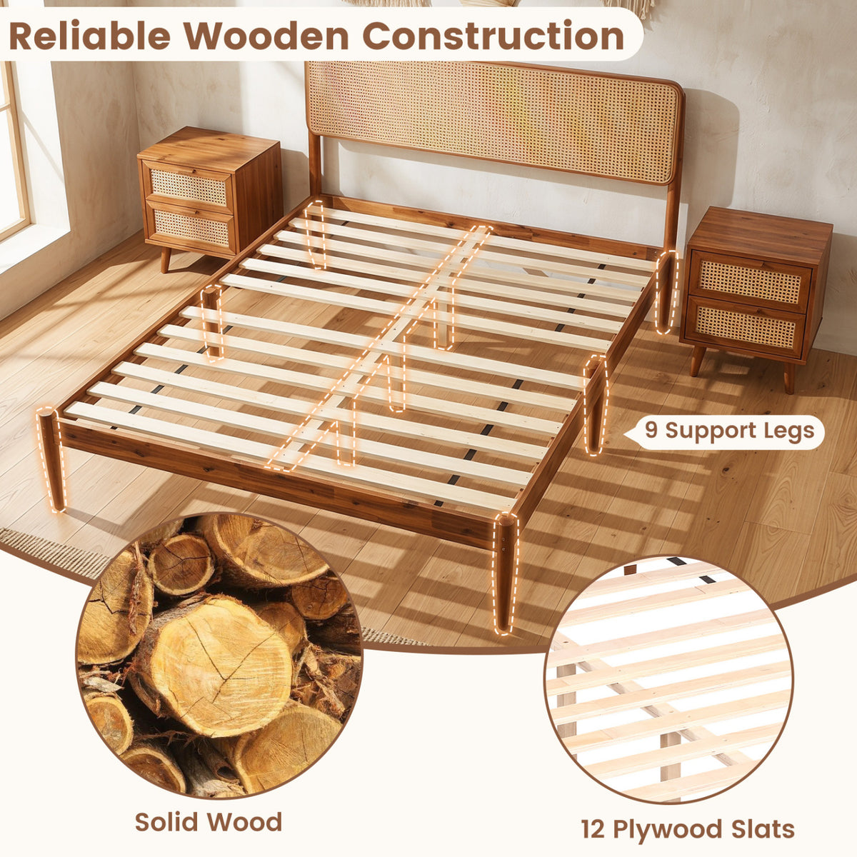 Wooden Boho Rattan Brown Bed Frame with Wooden Slat Support