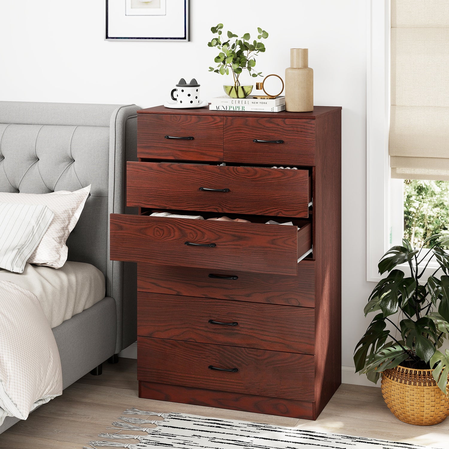 Wooden Chest of Drawers with Anti-toppling Device and Metal Handles