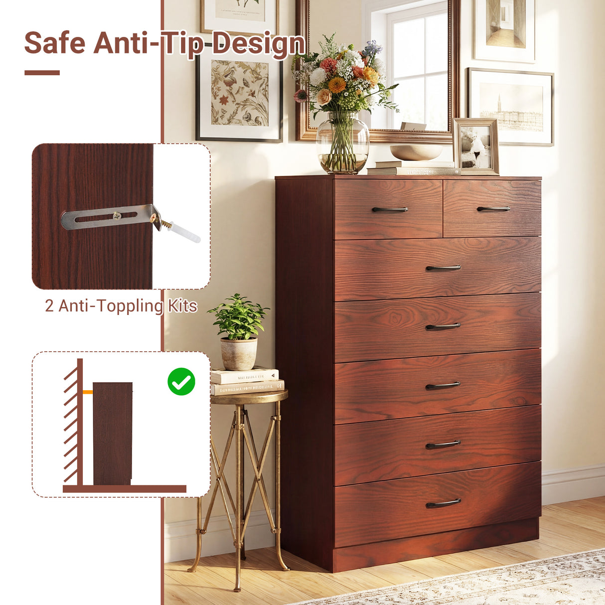 Wooden Chest of Drawers with Anti-toppling Device and Metal Handles