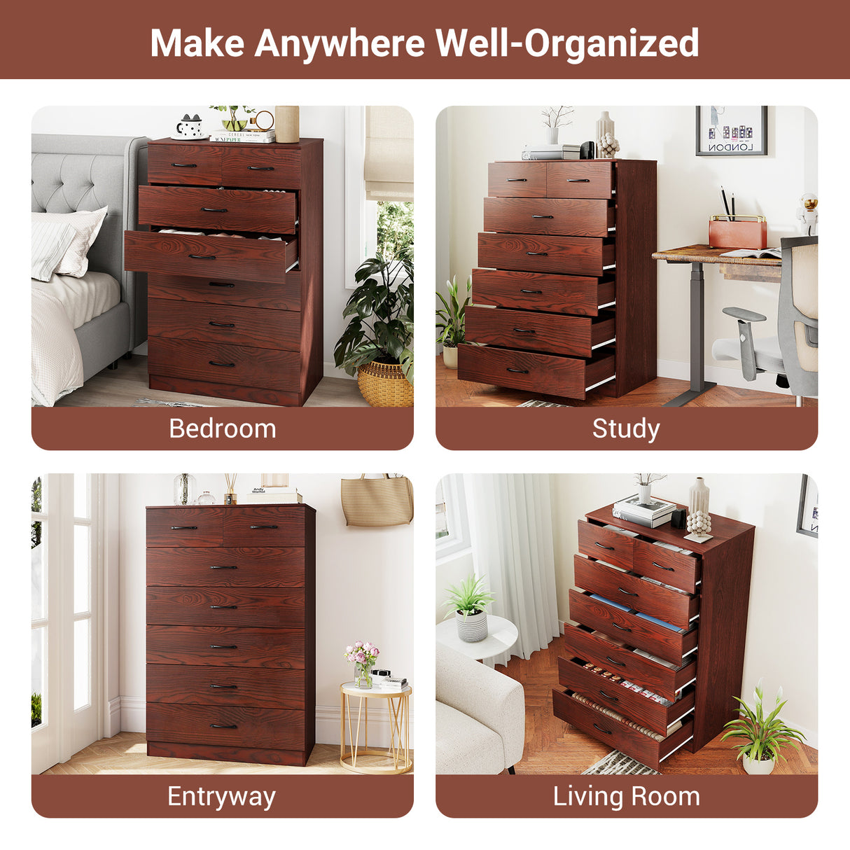 Wooden Chest of Drawers with Anti-toppling Device and Metal Handles
