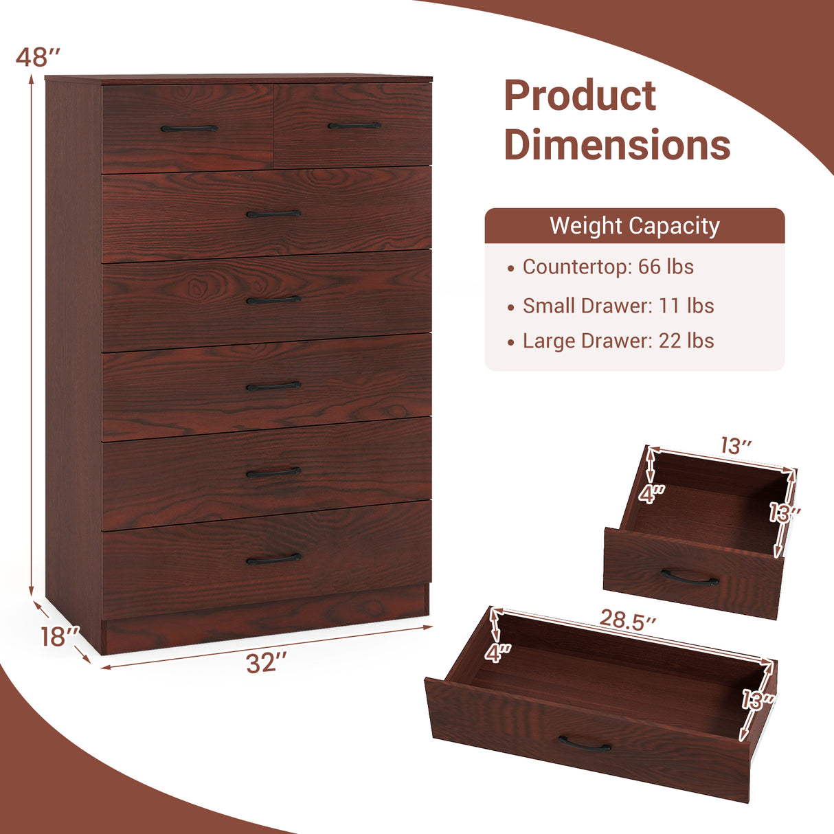 Wooden Chest of Drawers with Anti-toppling Device and Metal Handles