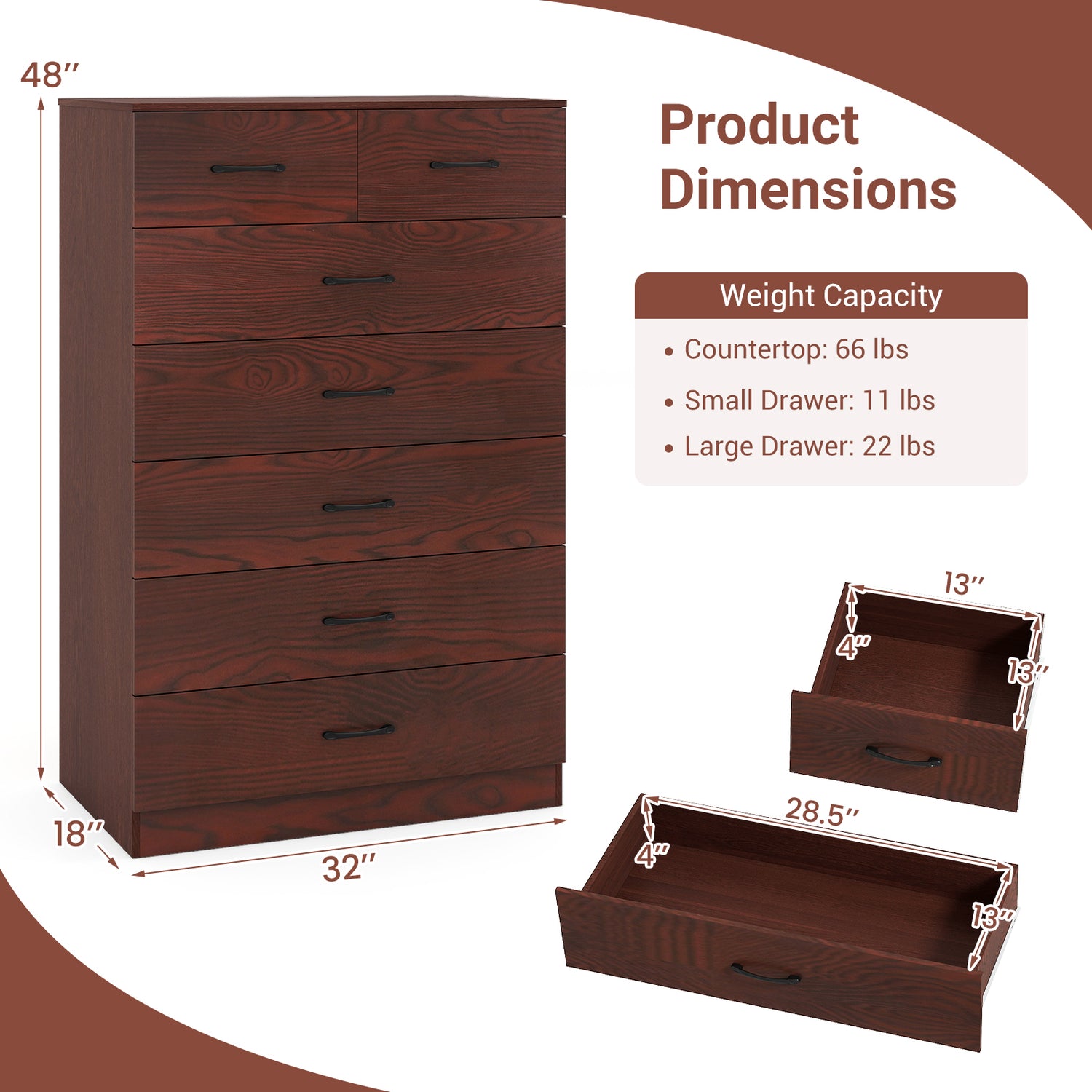 Wooden Chest of Drawers with Anti-toppling Device and Metal Handles
