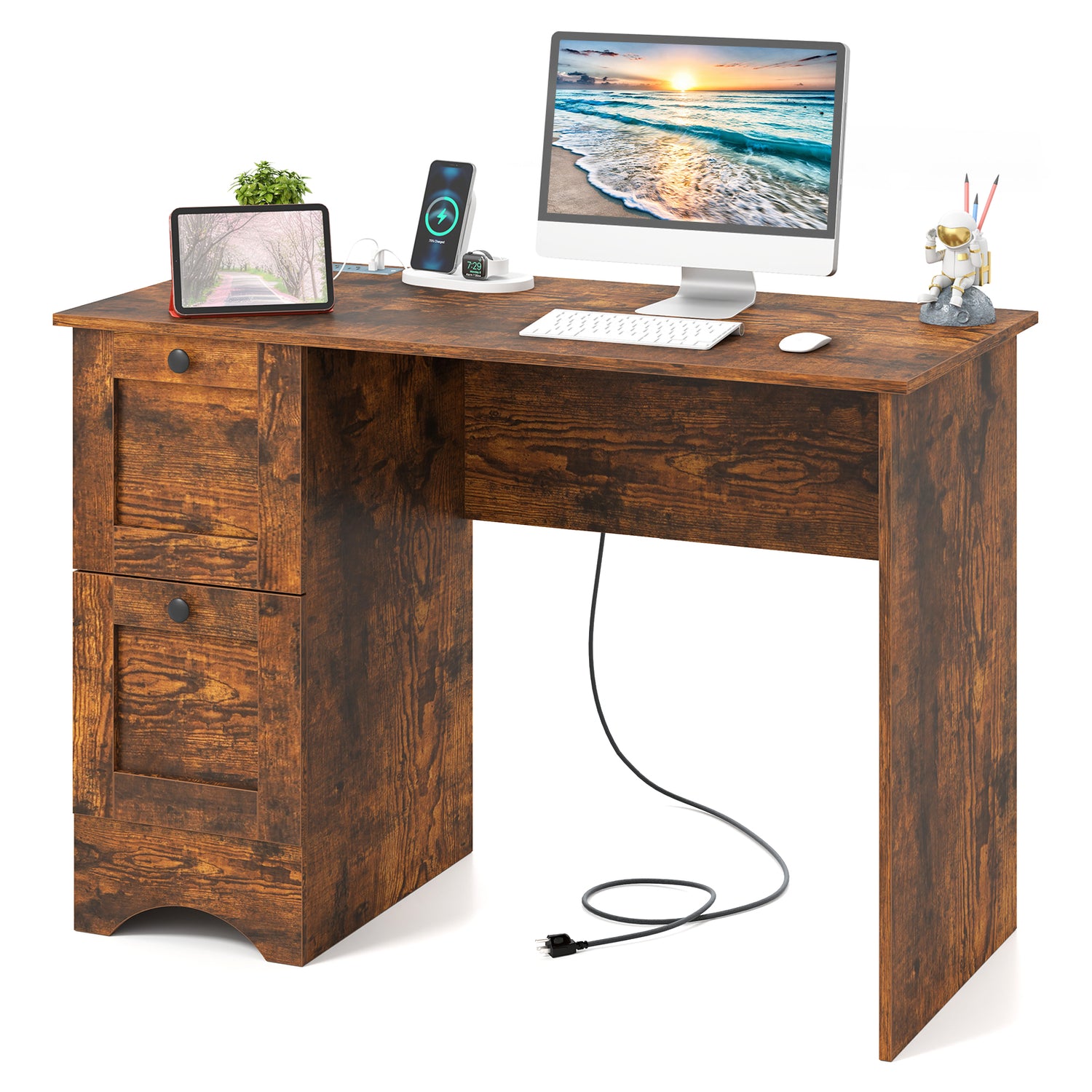 Wooden Vintage Computer Desk with 2 Drawers for Home and Office