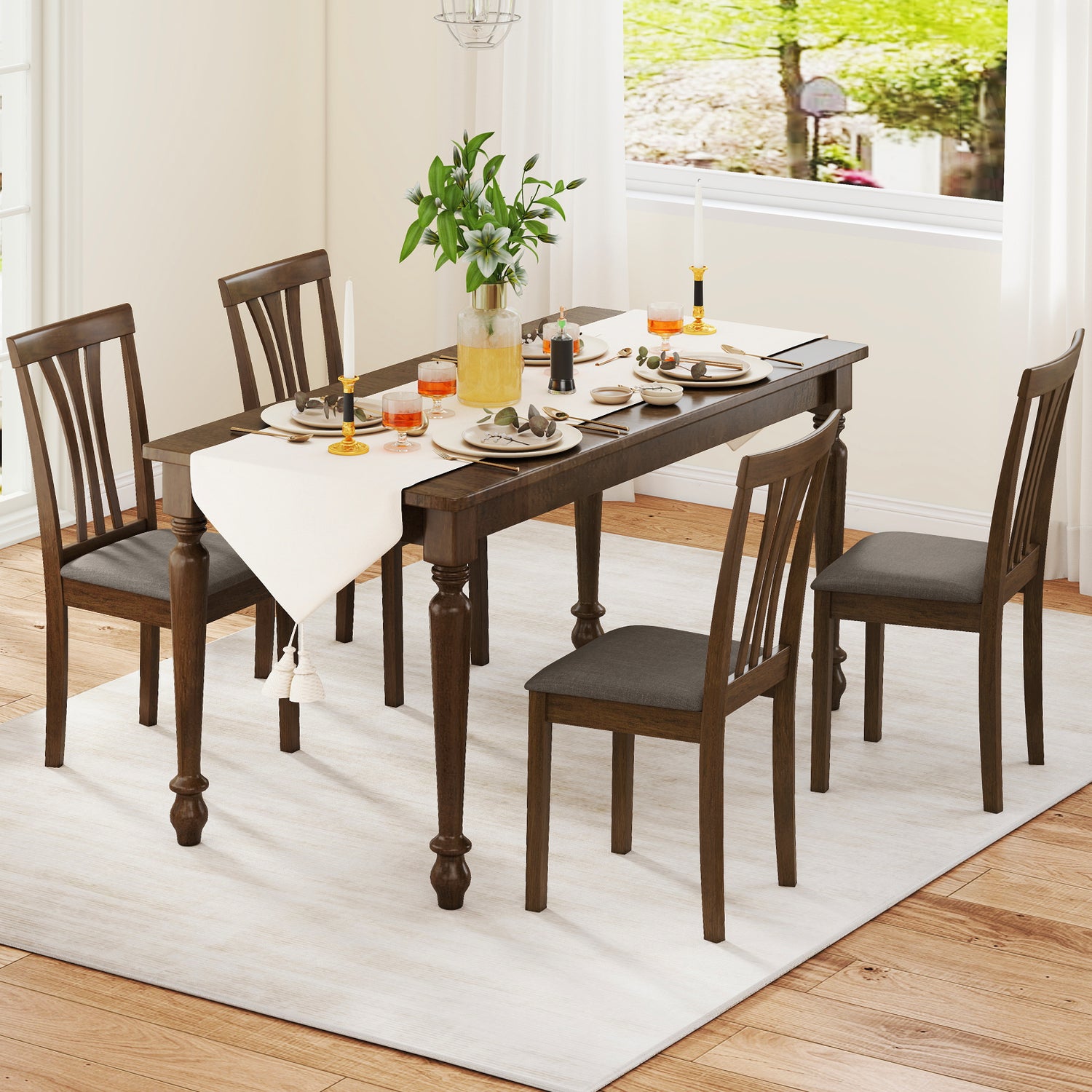 Wooden Dining Chairs Set of 2 with Linen Fabric Upholstered and Rubber Wood Frame-Brown
