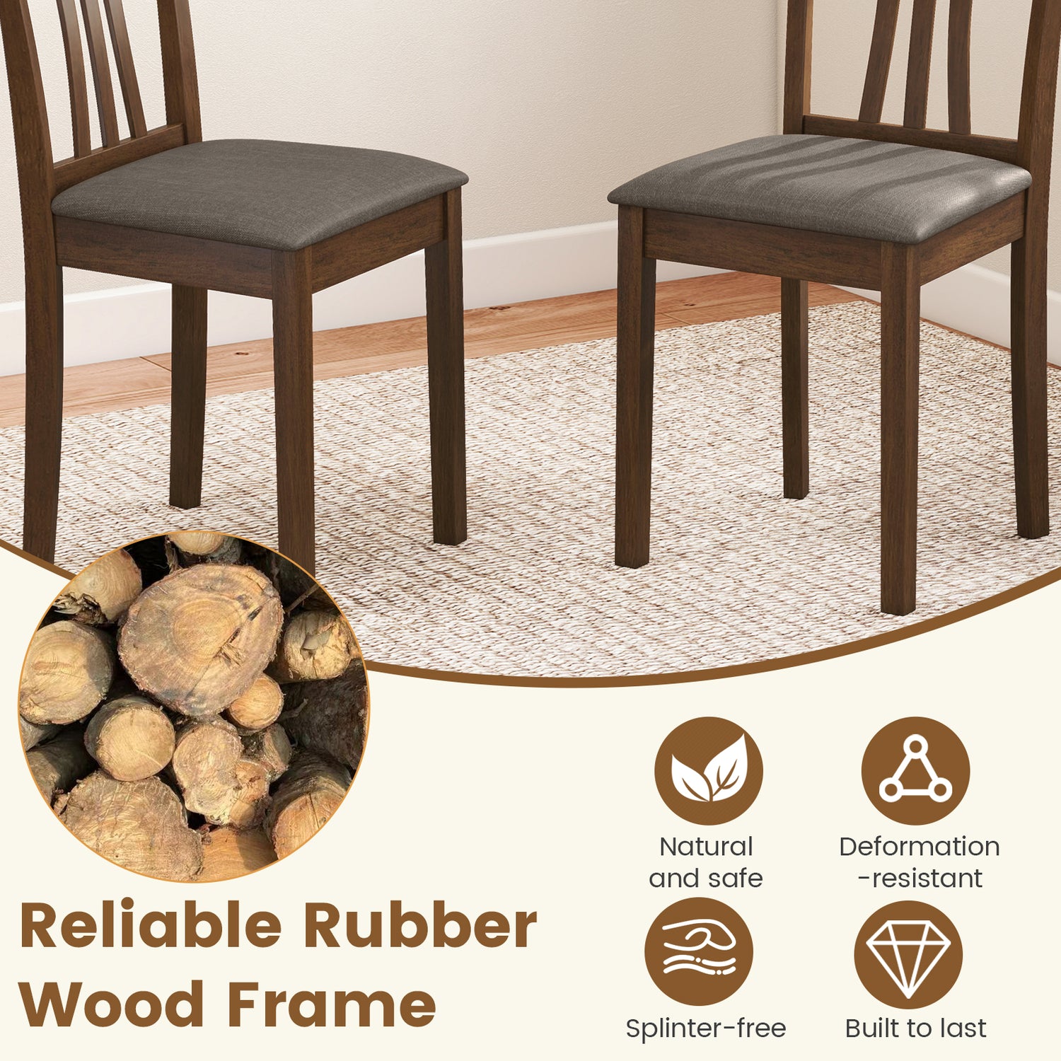 Wooden Dining Chairs Set of 2 with Linen Fabric Upholstered and Rubber Wood Frame-Brown