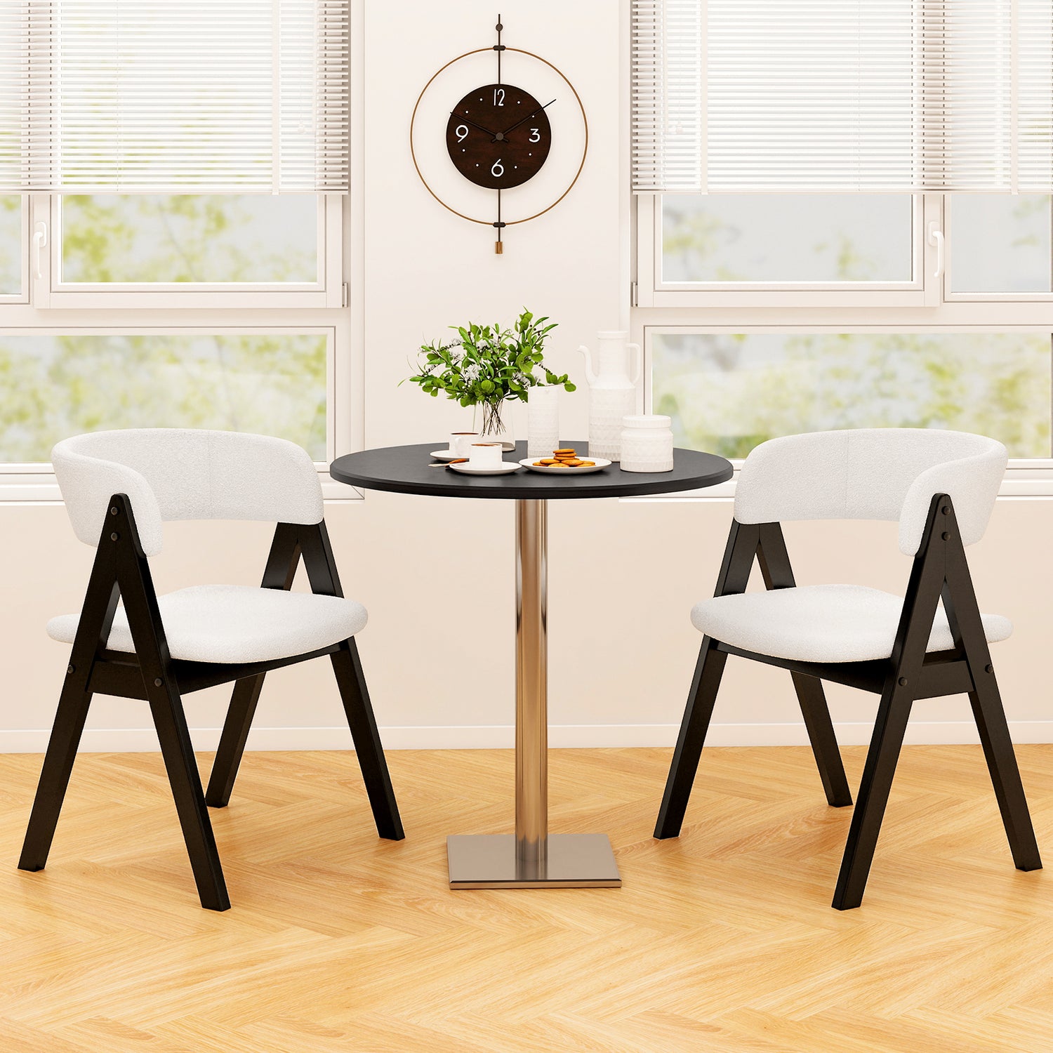 Wooden Dining Chair Set of 2 Mid-Century Modern Sherpa Upholstered Kitchen Dining Room Chairs