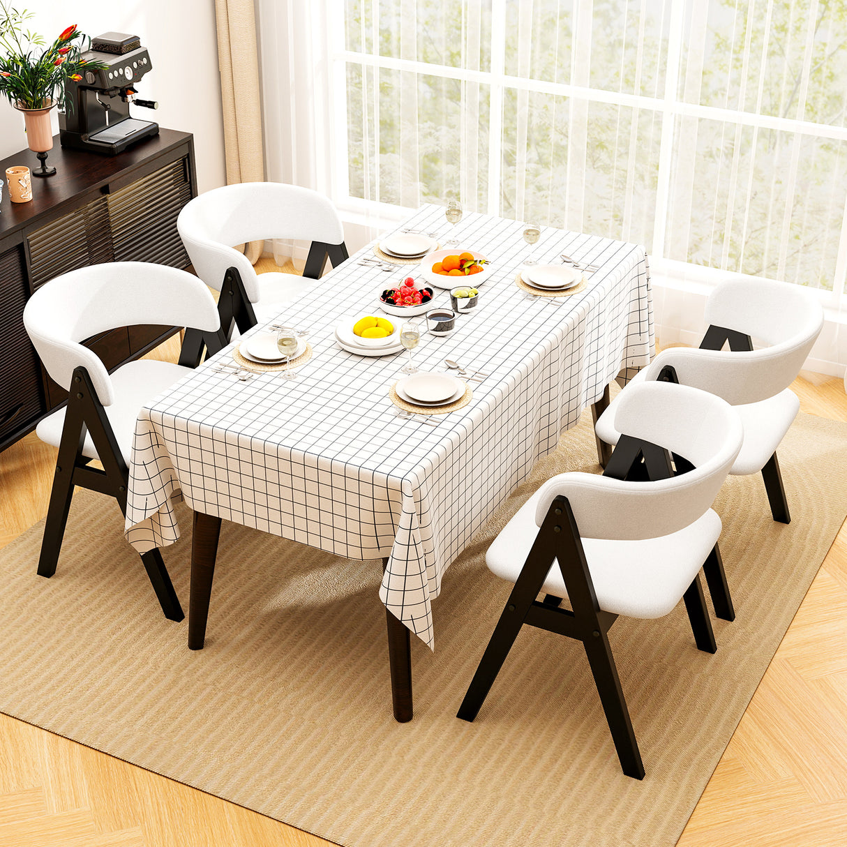 Wooden Dining Chair Set of 2 Mid-Century Modern Sherpa Upholstered Kitchen Dining Room Chairs