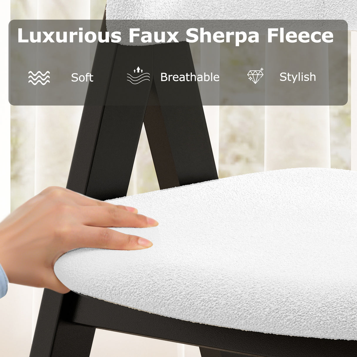 Wooden Dining Chair Set of 2 Mid-Century Modern Sherpa Upholstered Kitchen Dining Room Chairs