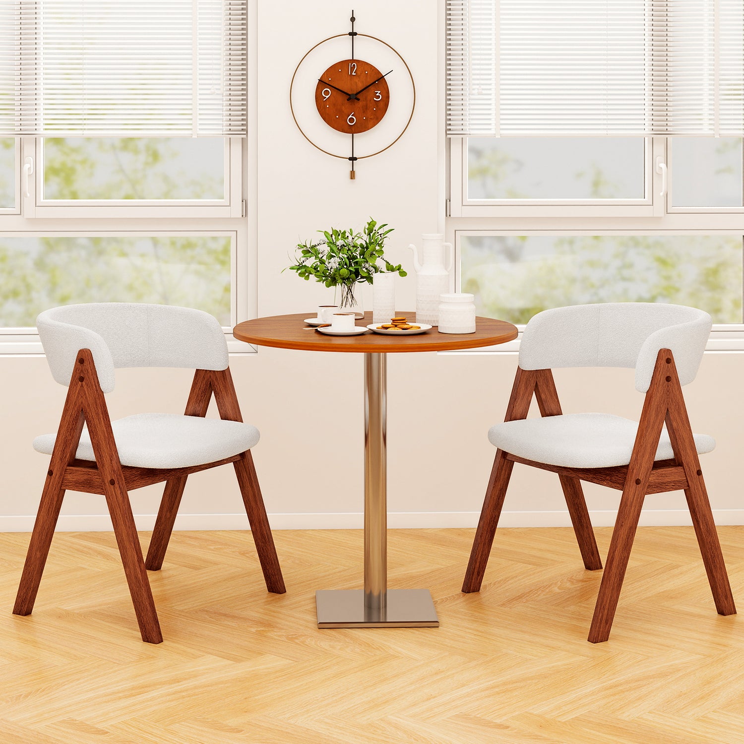 Wooden Dining Chair Set of 2 Mid-Century Modern Sherpa Upholstered Kitchen Dining Room Chairs