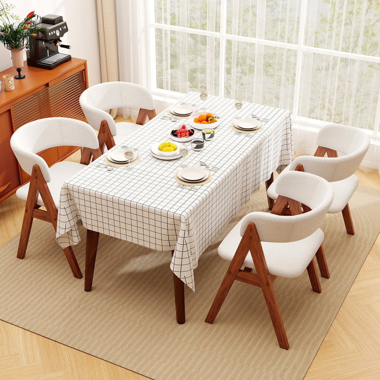 Wooden Dining Chair Set of 2 Mid-Century Modern Sherpa Upholstered Kitchen Dining Room Chairs