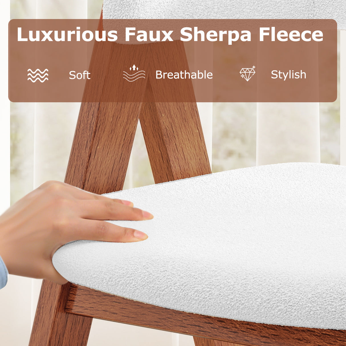 Wooden Dining Chair Set of 2 Mid-Century Modern Sherpa Upholstered Kitchen Dining Room Chairs
