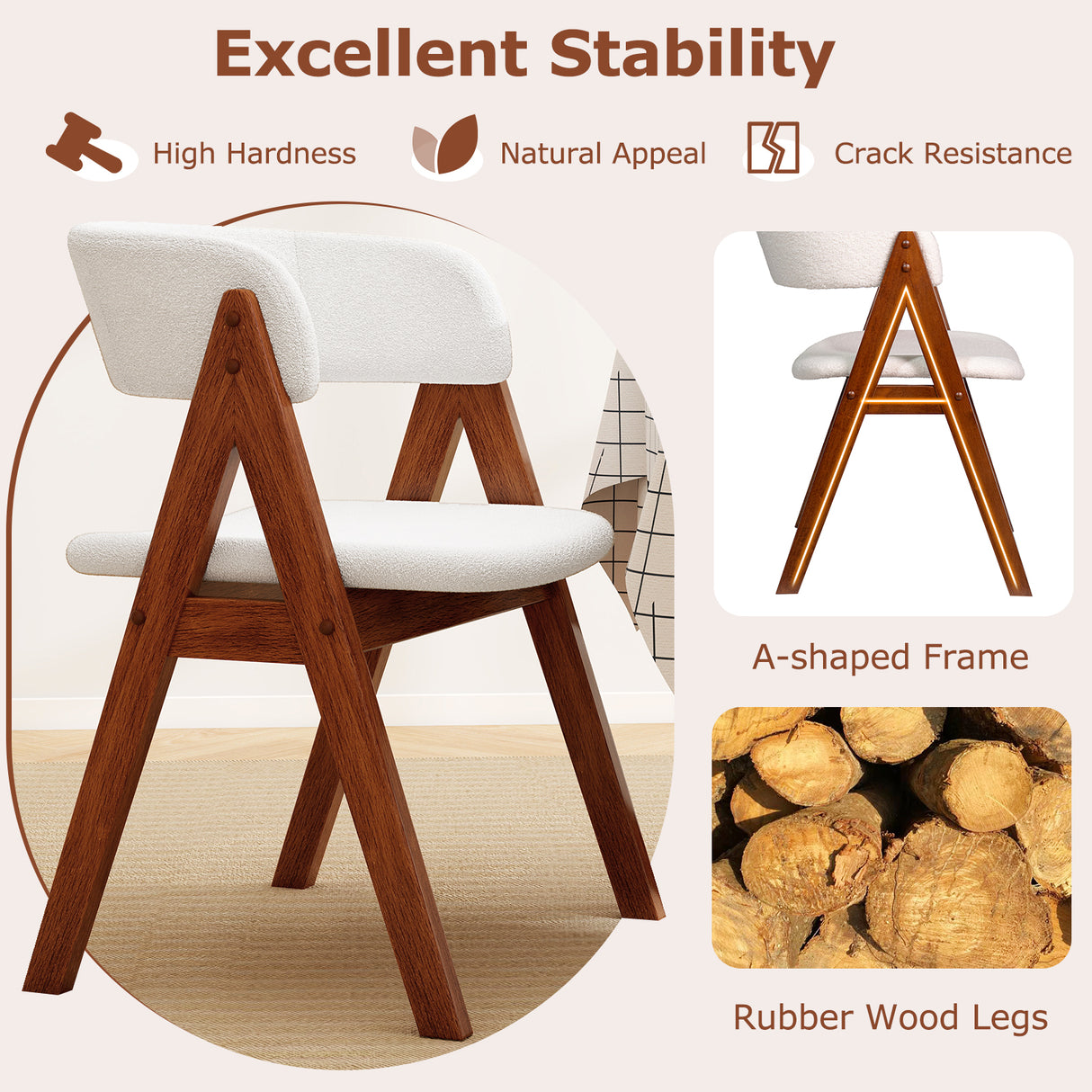 Wooden Dining Chair Set of 2 Mid-Century Modern Sherpa Upholstered Kitchen Dining Room Chairs