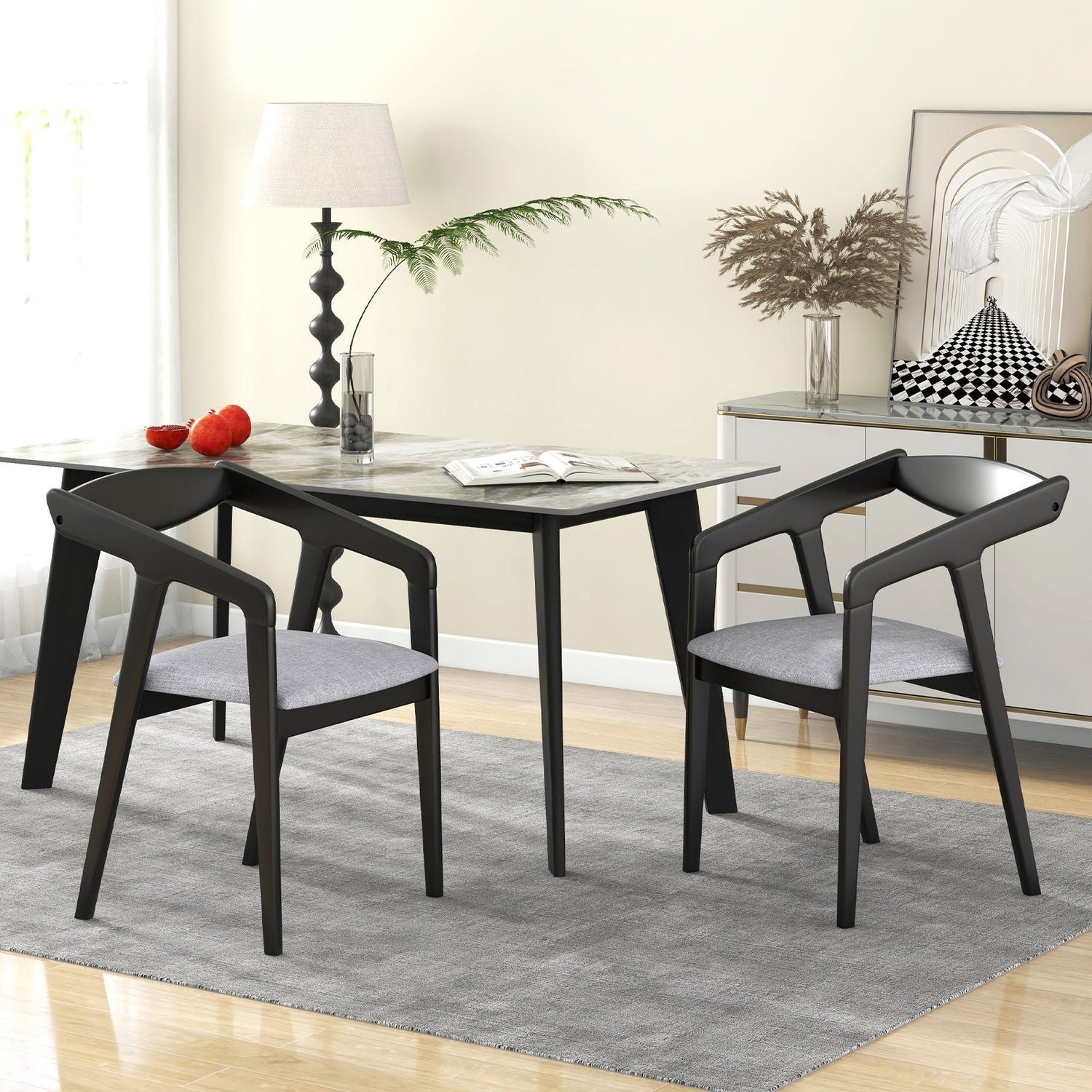 Wooden Dining Chair Set of 2 with Rubber Wood Frame Armrests and Padded Cushion-black