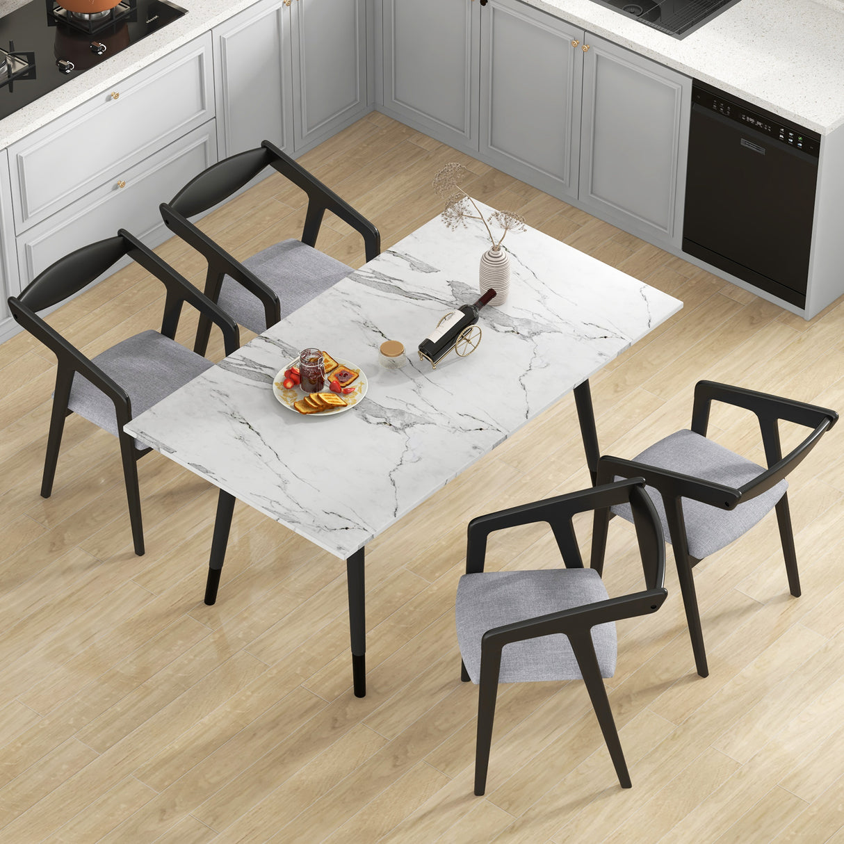 Wooden Dining Chair Set of 2 with Rubber Wood Frame Armrests and Padded Cushion-black